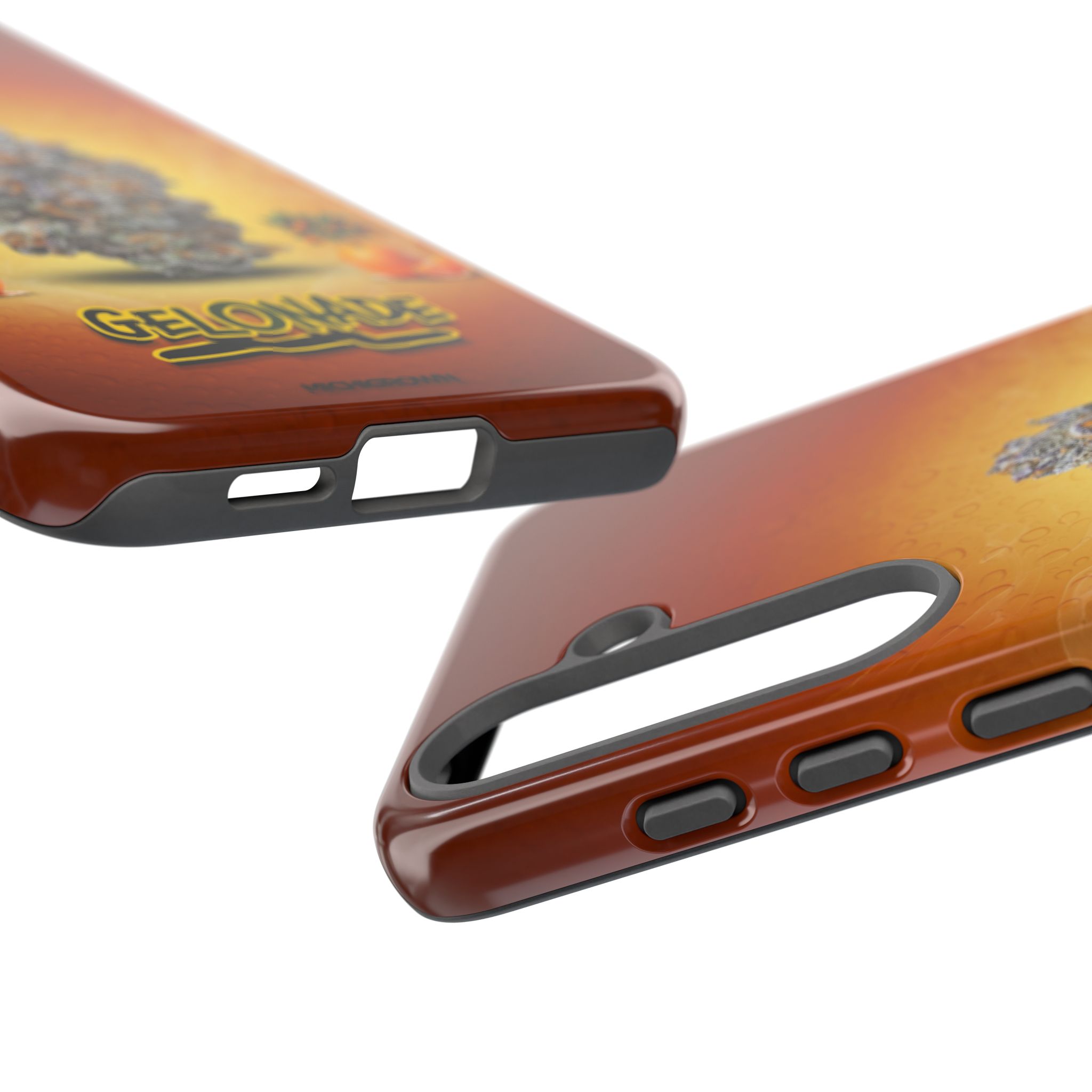 Close-up of GELONADE phone case with graphic design and cutouts.