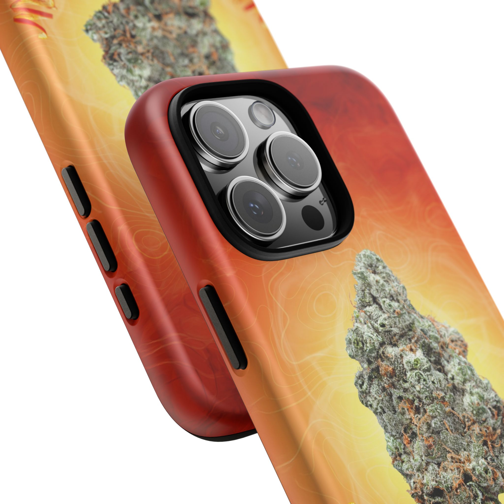 Cannabis leaf design phone case for iPhone with red border.