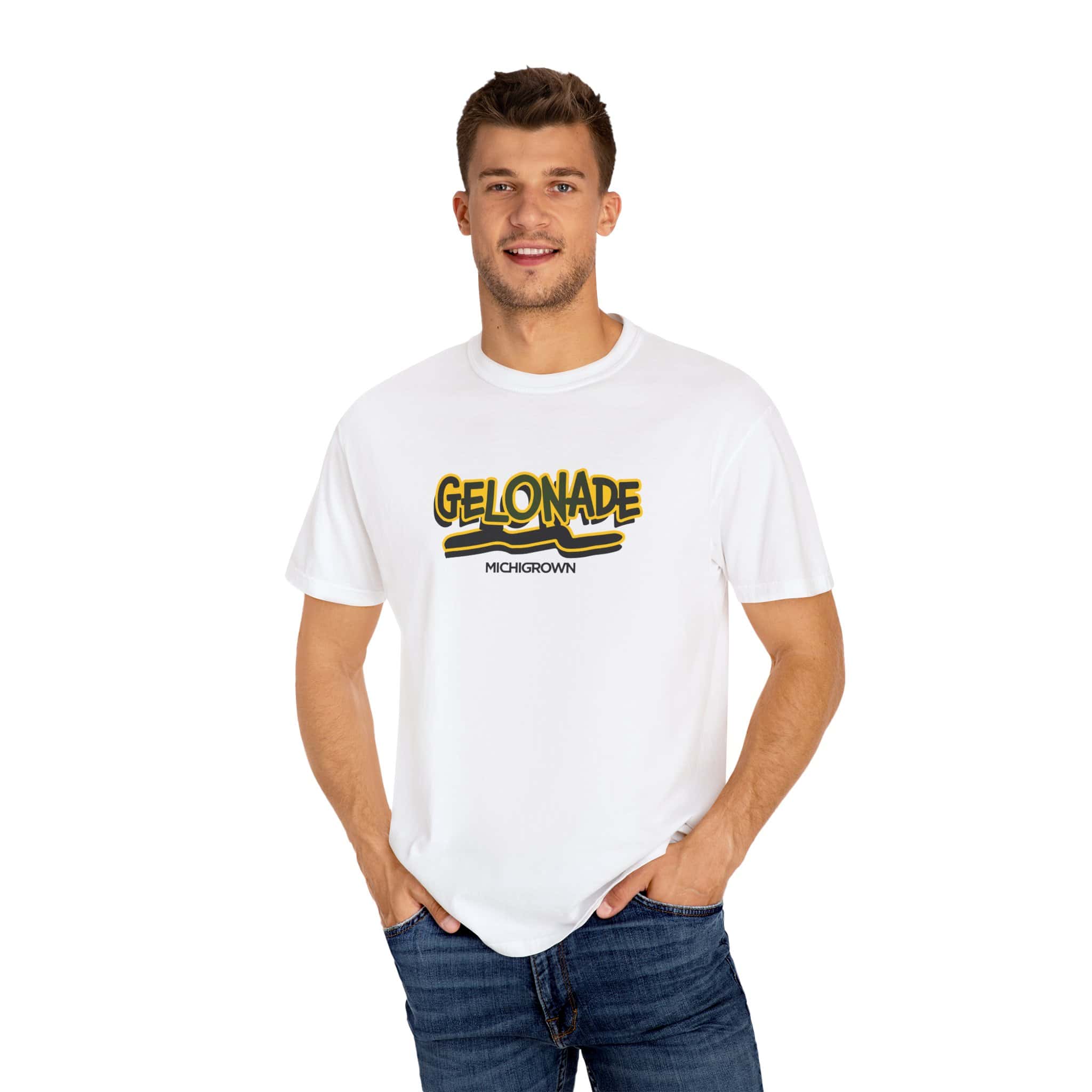 Man wearing white Gelonade T-shirt with yellow and black logo.