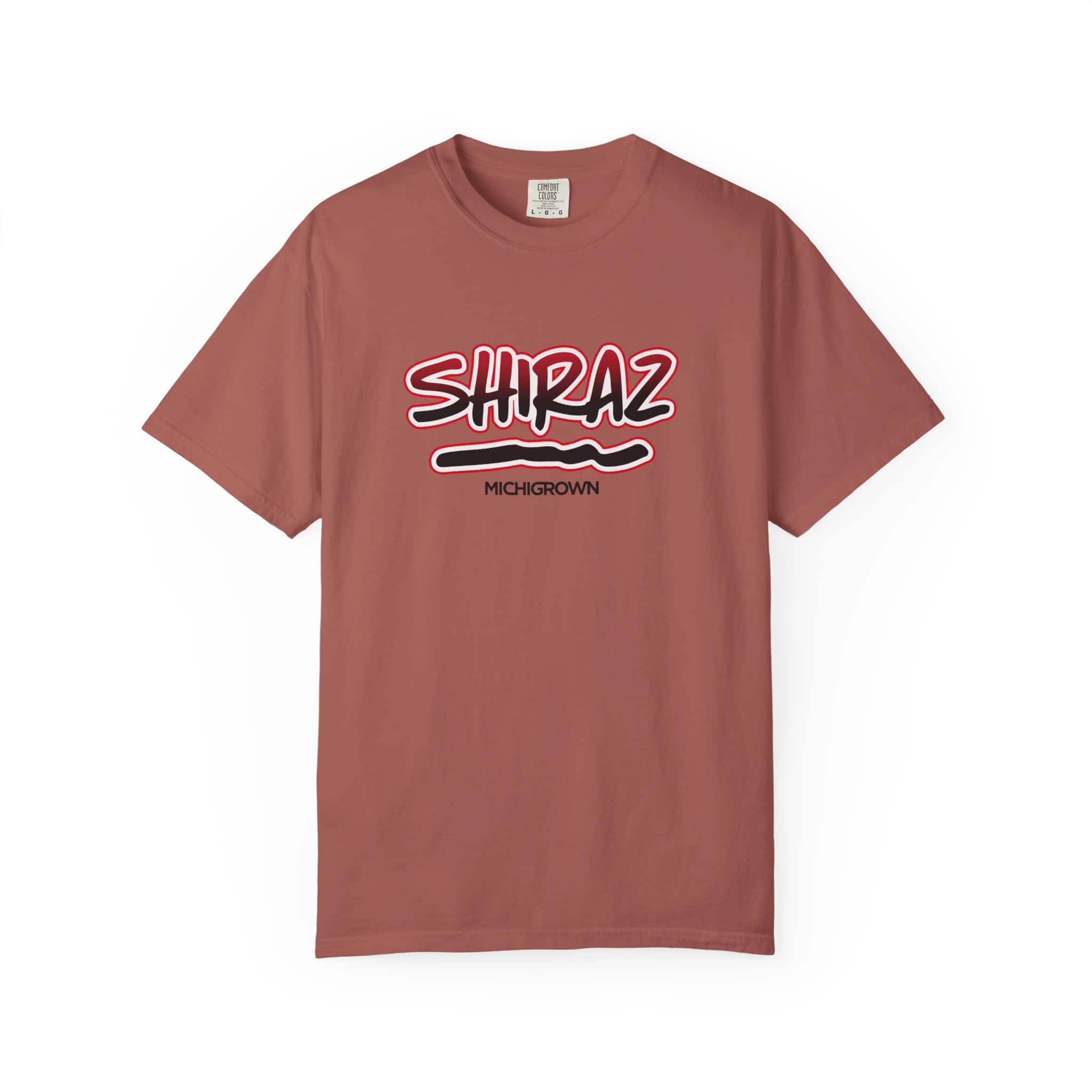 Pinkish-brown Shiraz T-shirt with Michigrown logo in black and white.