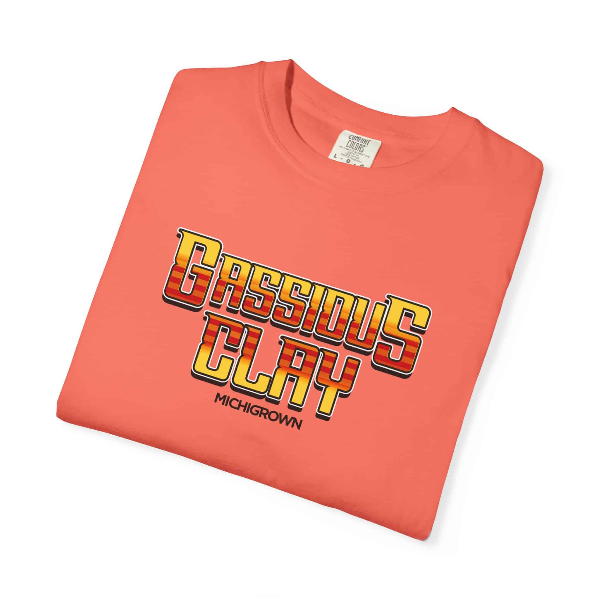 Coral Gassious Clay T-shirt with bold text design from Michigrown.