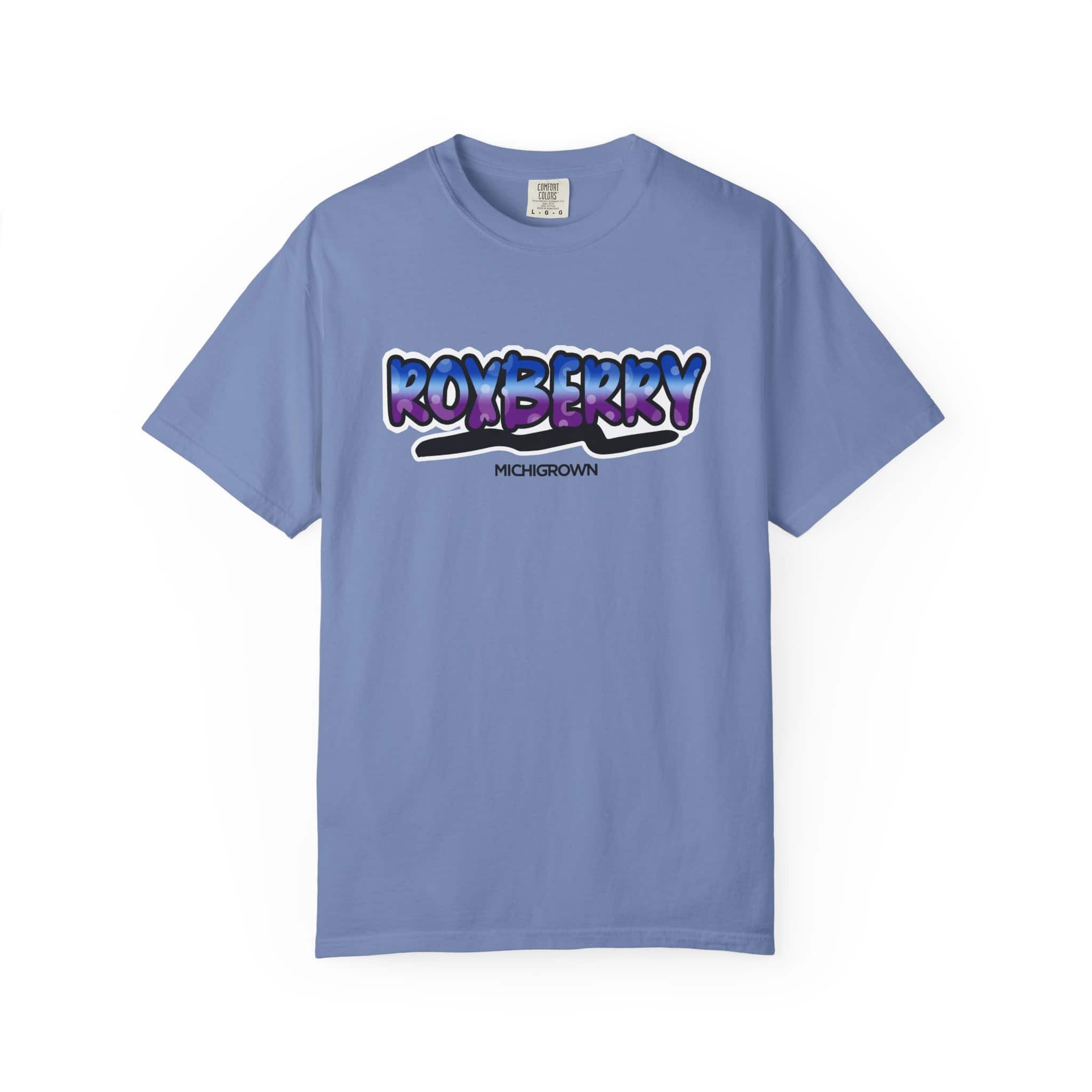 Blue Roxberry T-shirt with MichiganGrown logo and graphic design.