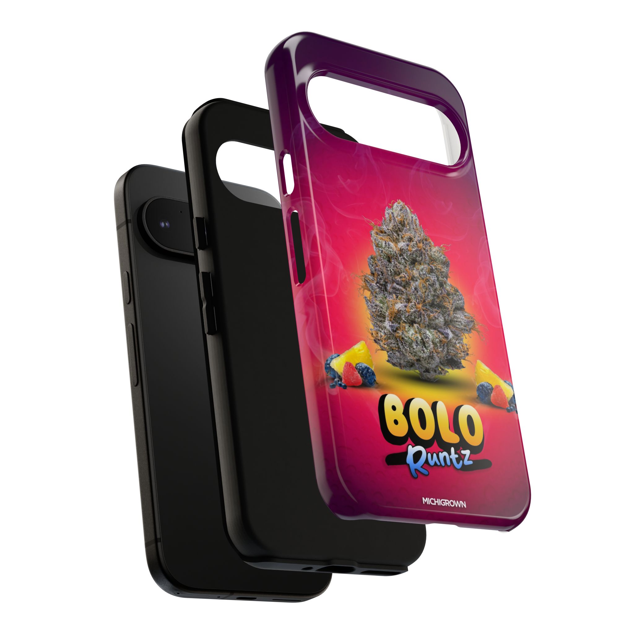 Colorful BOLO RUNTZ phone case with cannabis leaf design for iPhone.