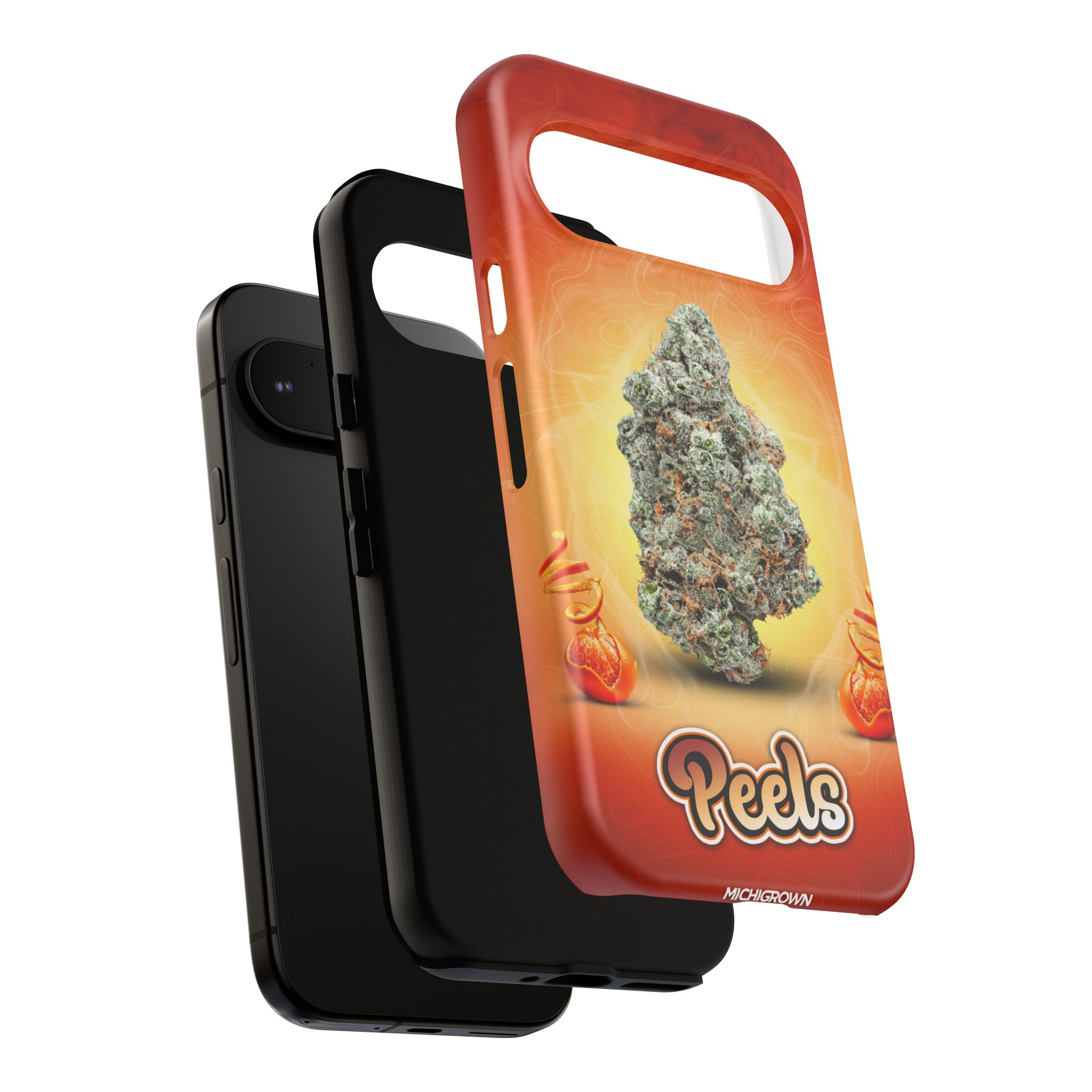 Phone case featuring cannabis bud and PEELS logo for iPhone.