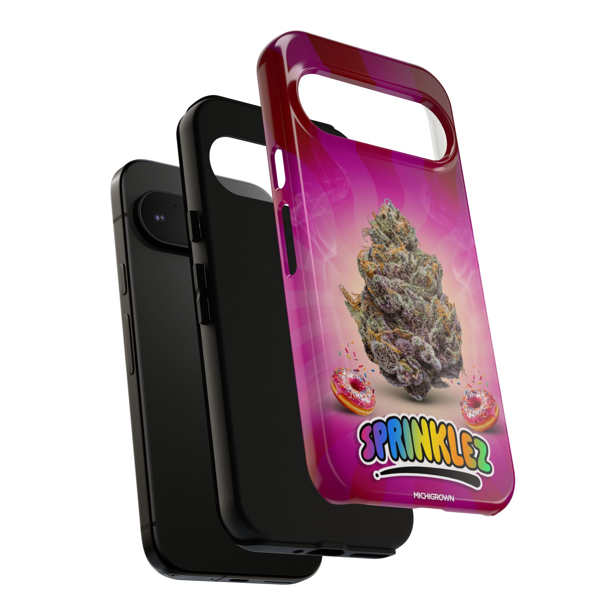 Colorful Sprinklez phone case with cannabis leaf design for iPhone.
