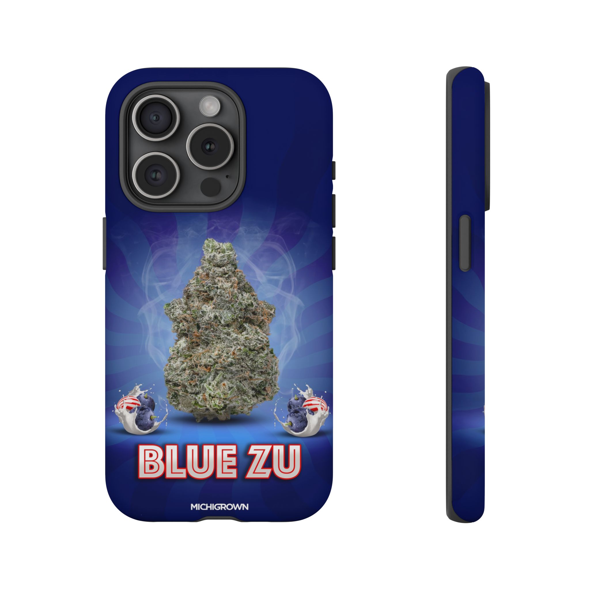 Blue Zu phone case featuring a cannabis bud and decorative elements.
