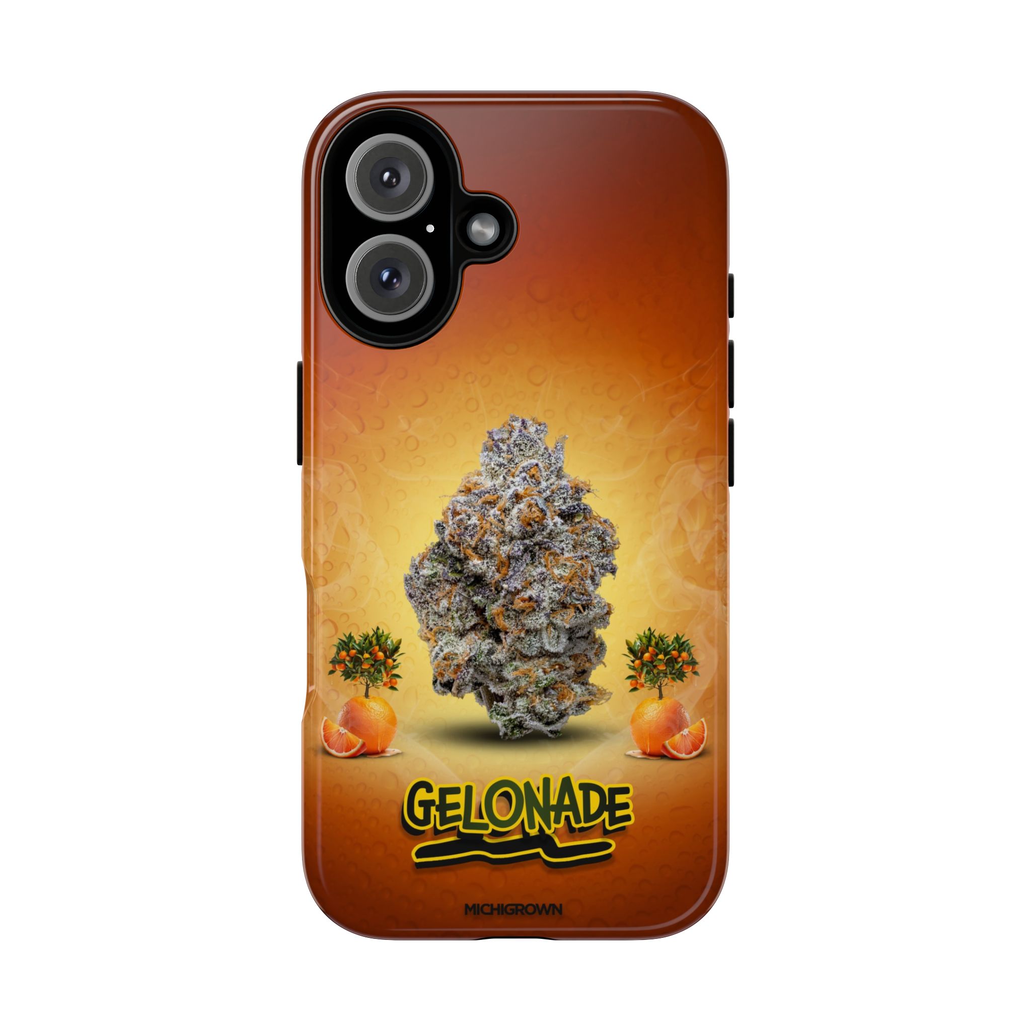 Phone case featuring cannabis buds and oranges on an orange background.