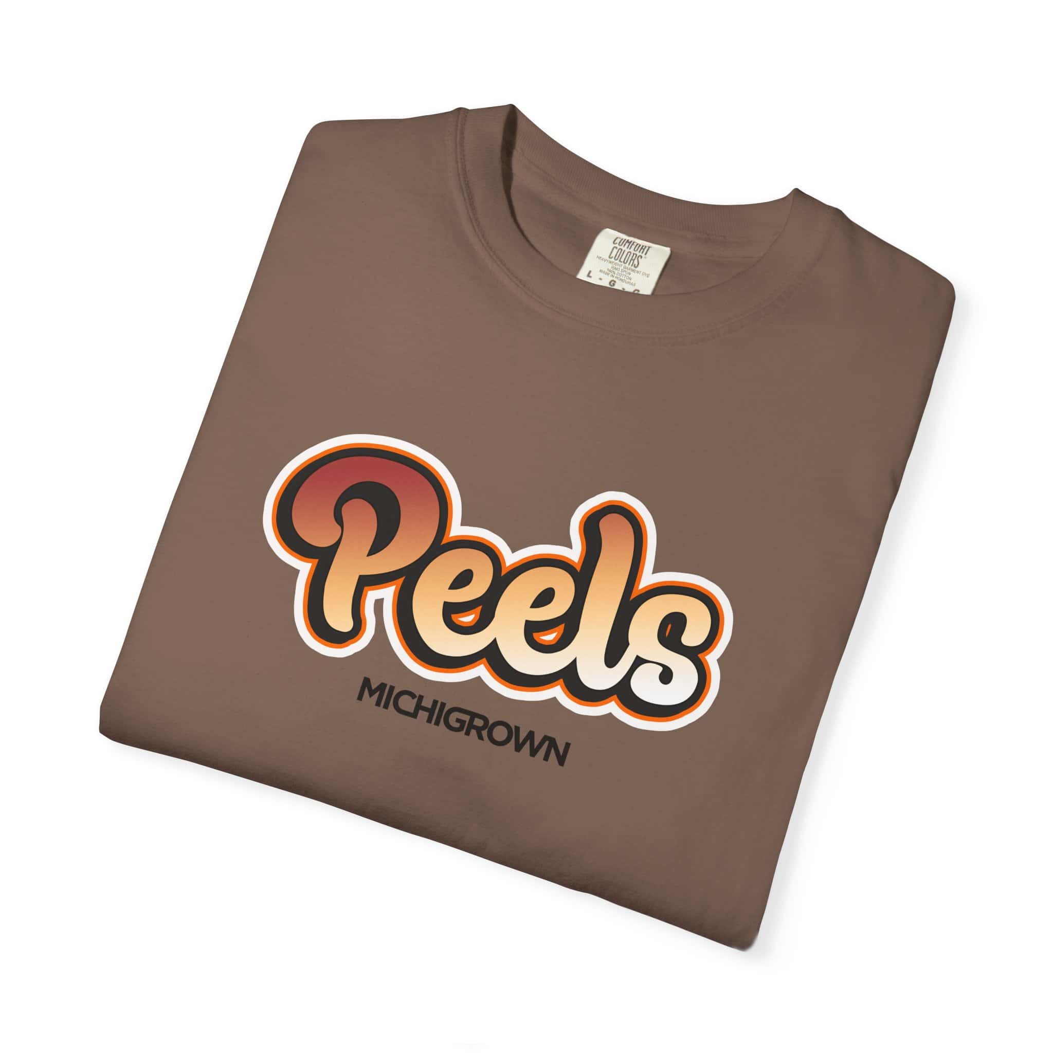 Brown T-shirt with Michigrown Peels logo in orange and black.