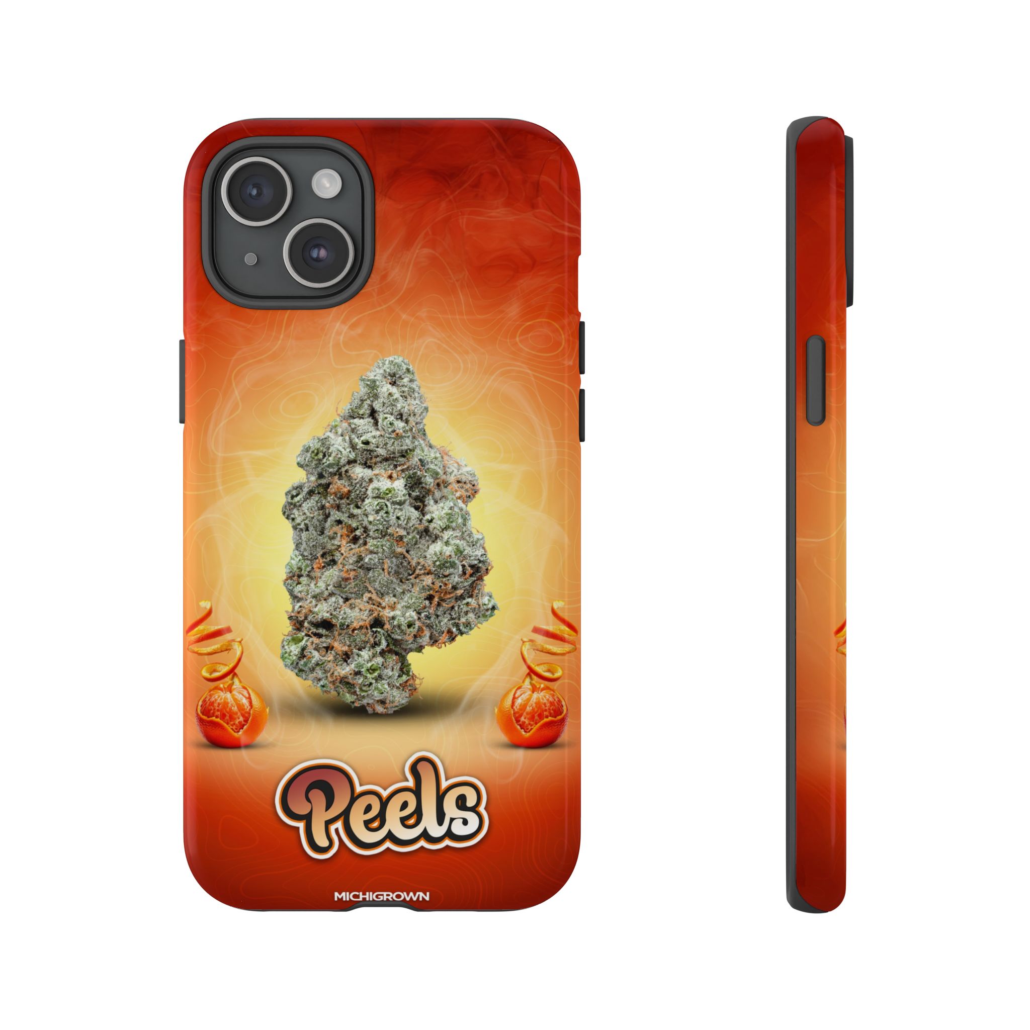 Phone case featuring cannabis bud and PEELS logo design.