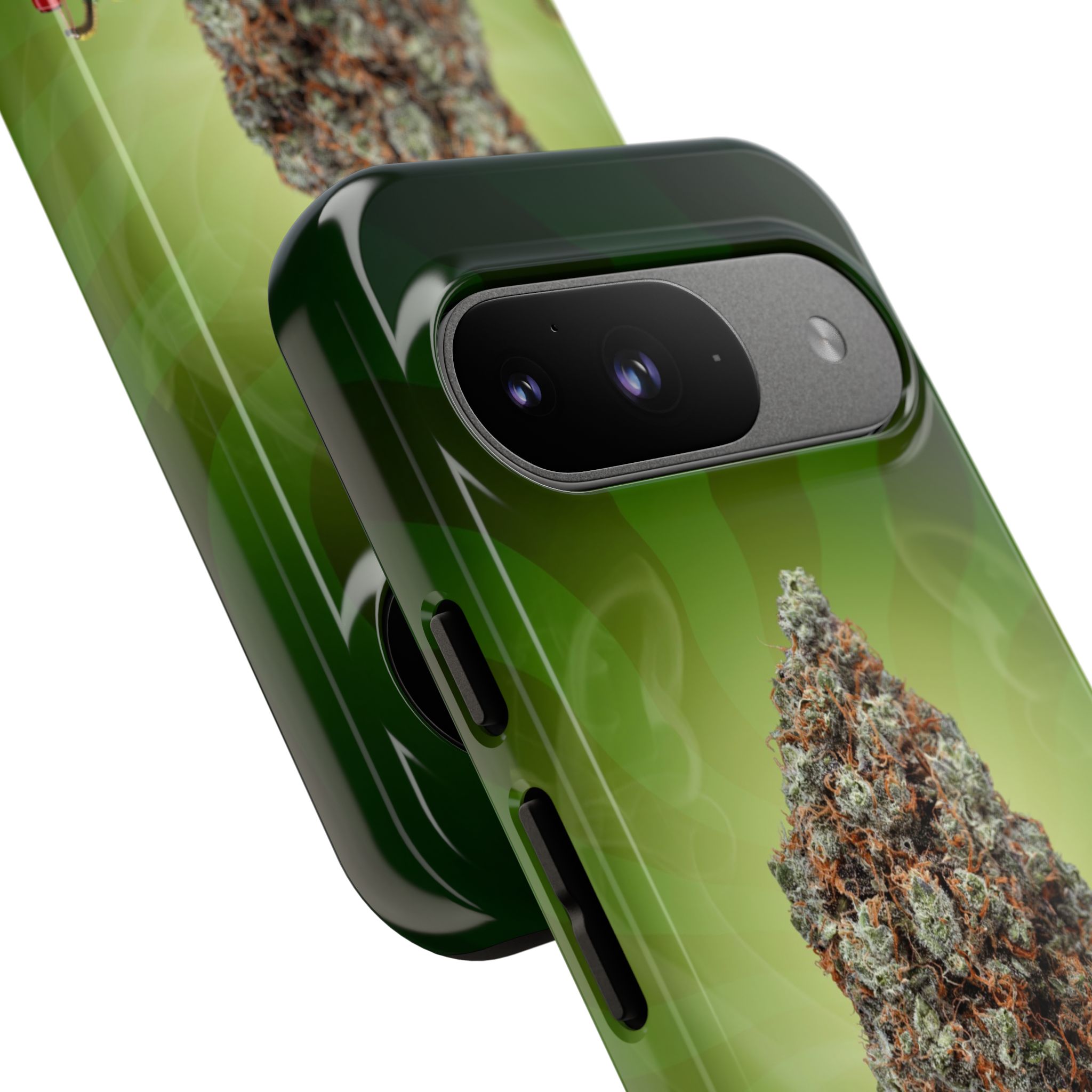 Green cannabis-themed phone case with marijuana leaf design.