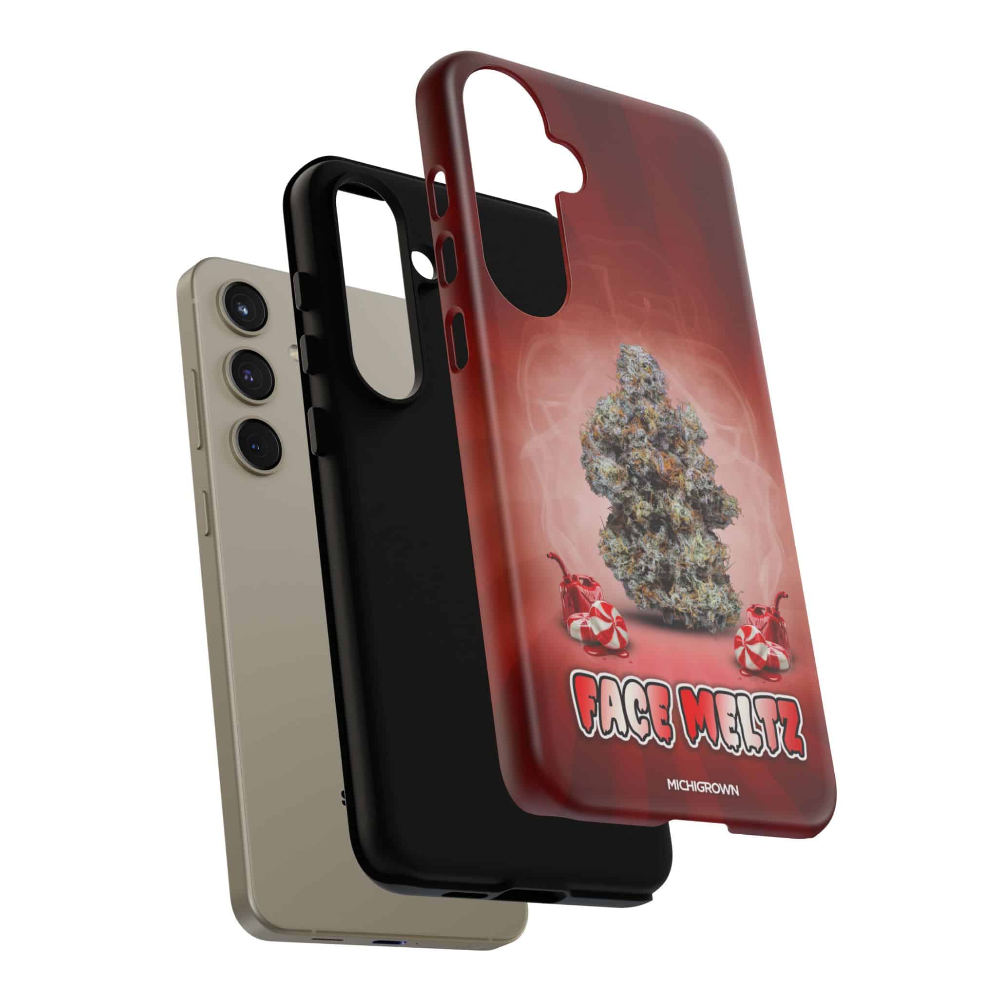Three iPhone cases with FACE MELTZ design, including one with a cannabis leaf graphic.