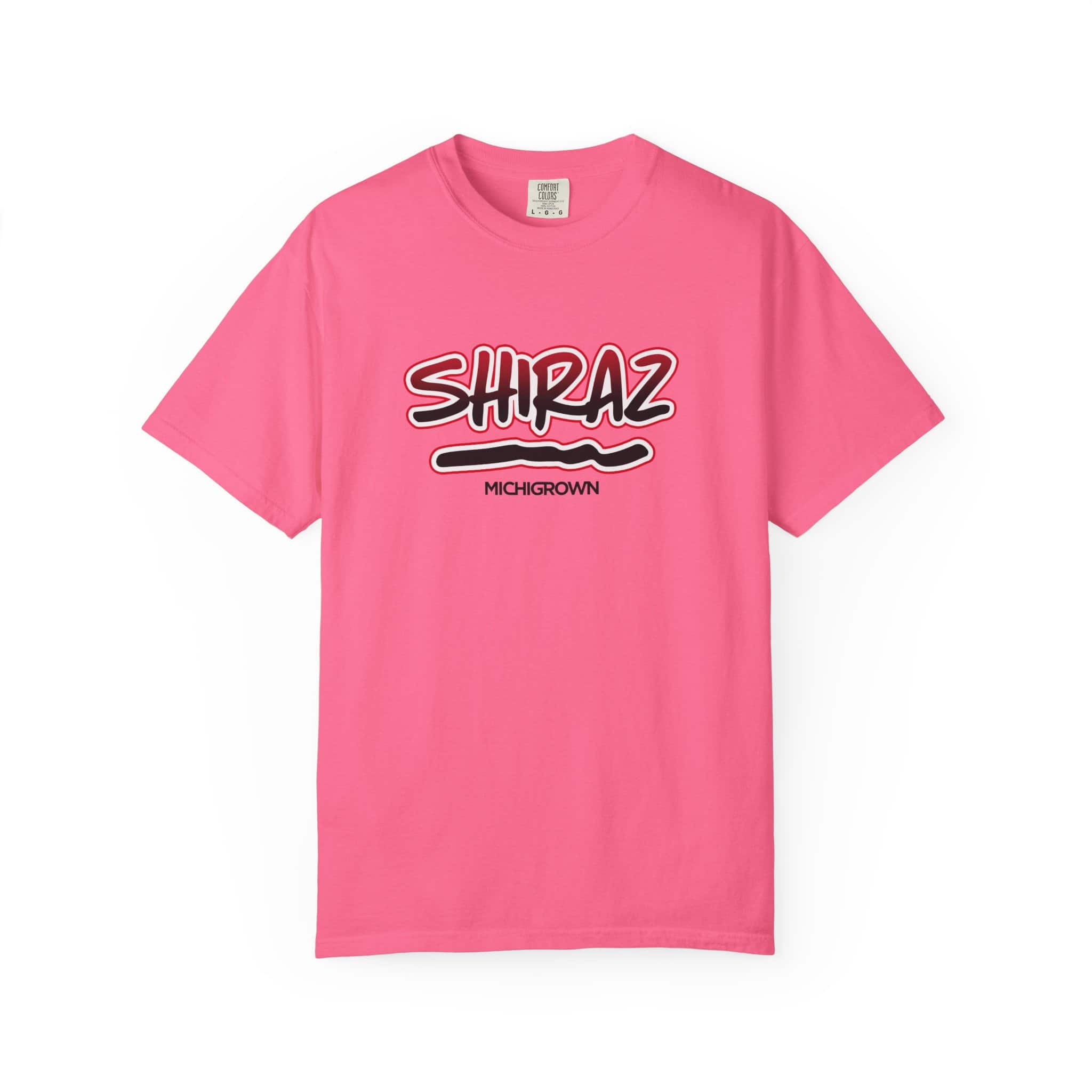 Pink Shiraz T-shirt with black and white logo design.