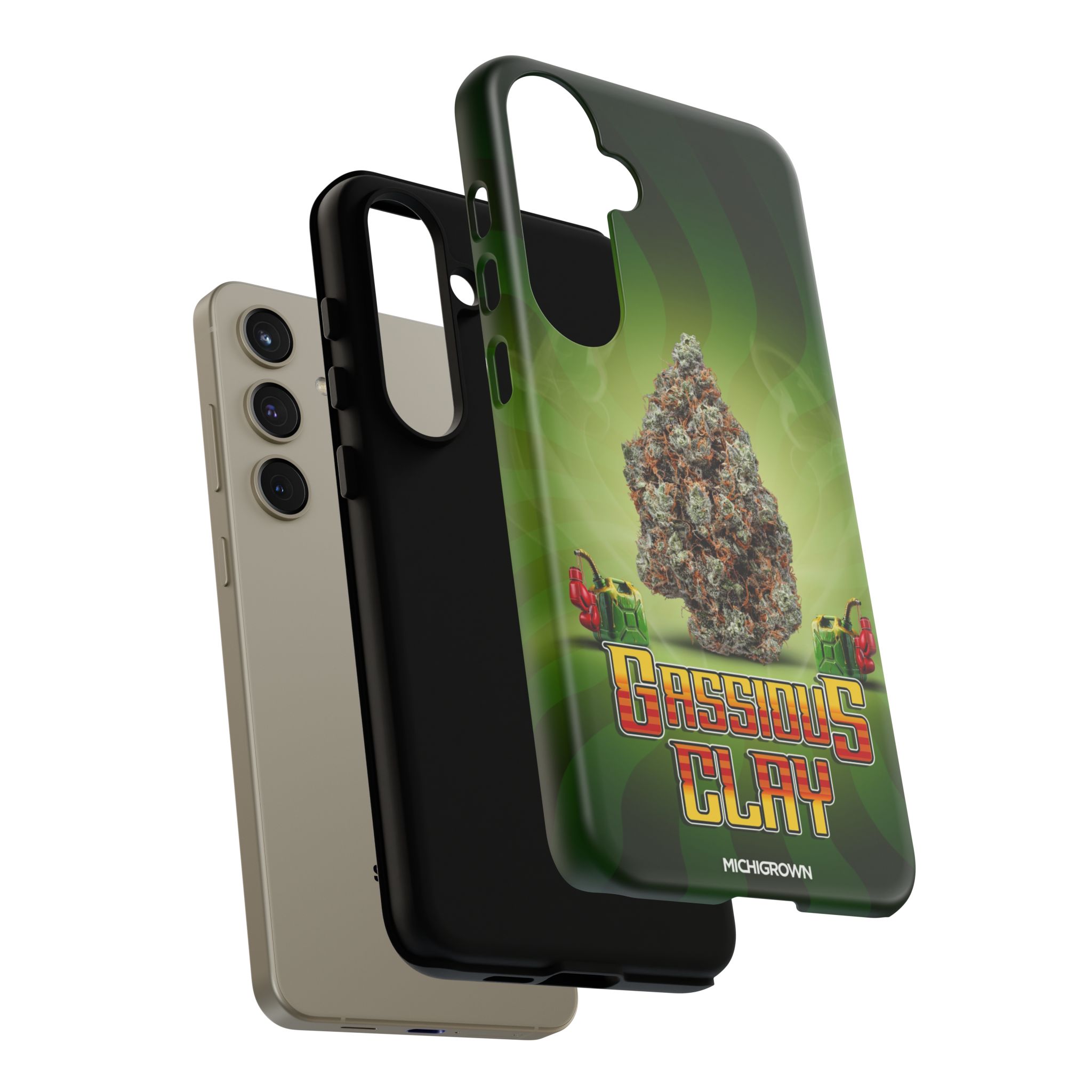 Phone case with Gassious Clay logo and cannabis leaf design.