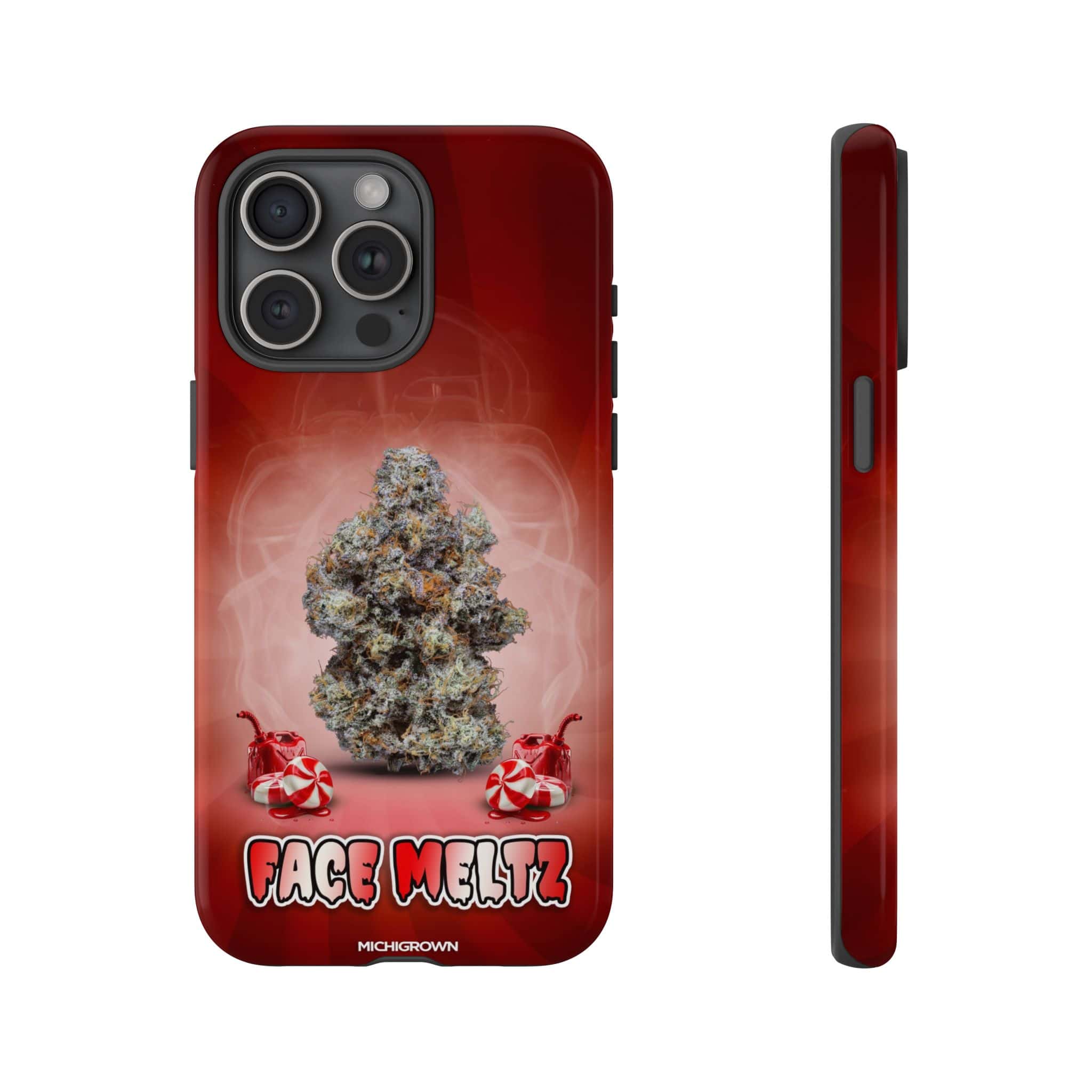 Red iPhone case with cannabis bud and FACE MELTZ logo design.