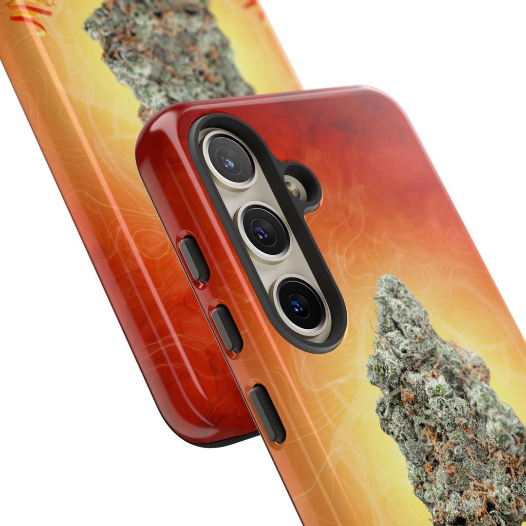 Red phone case with cannabis leaf design for iPhone 13 Pro.