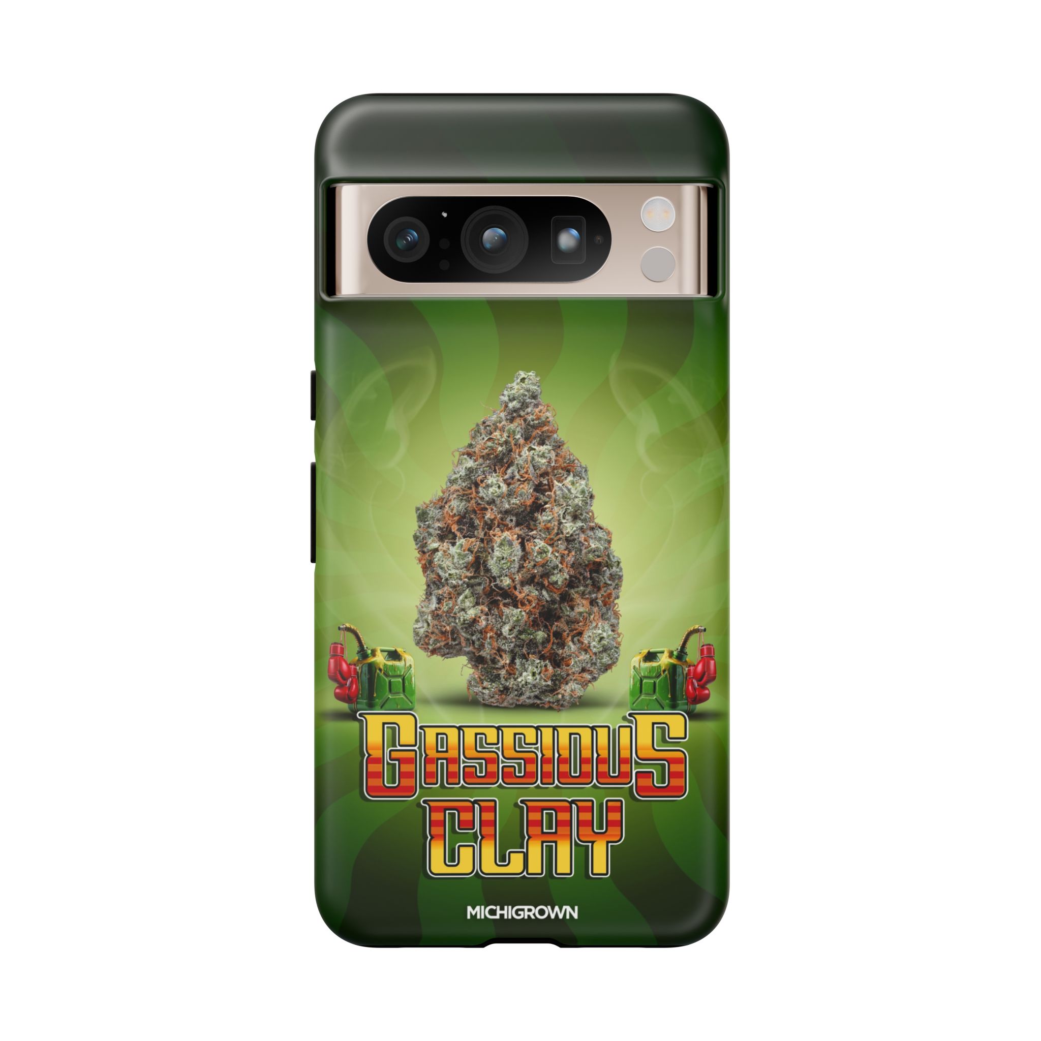 Phone case with cannabis bud and GASSIOUS CLAY logo.