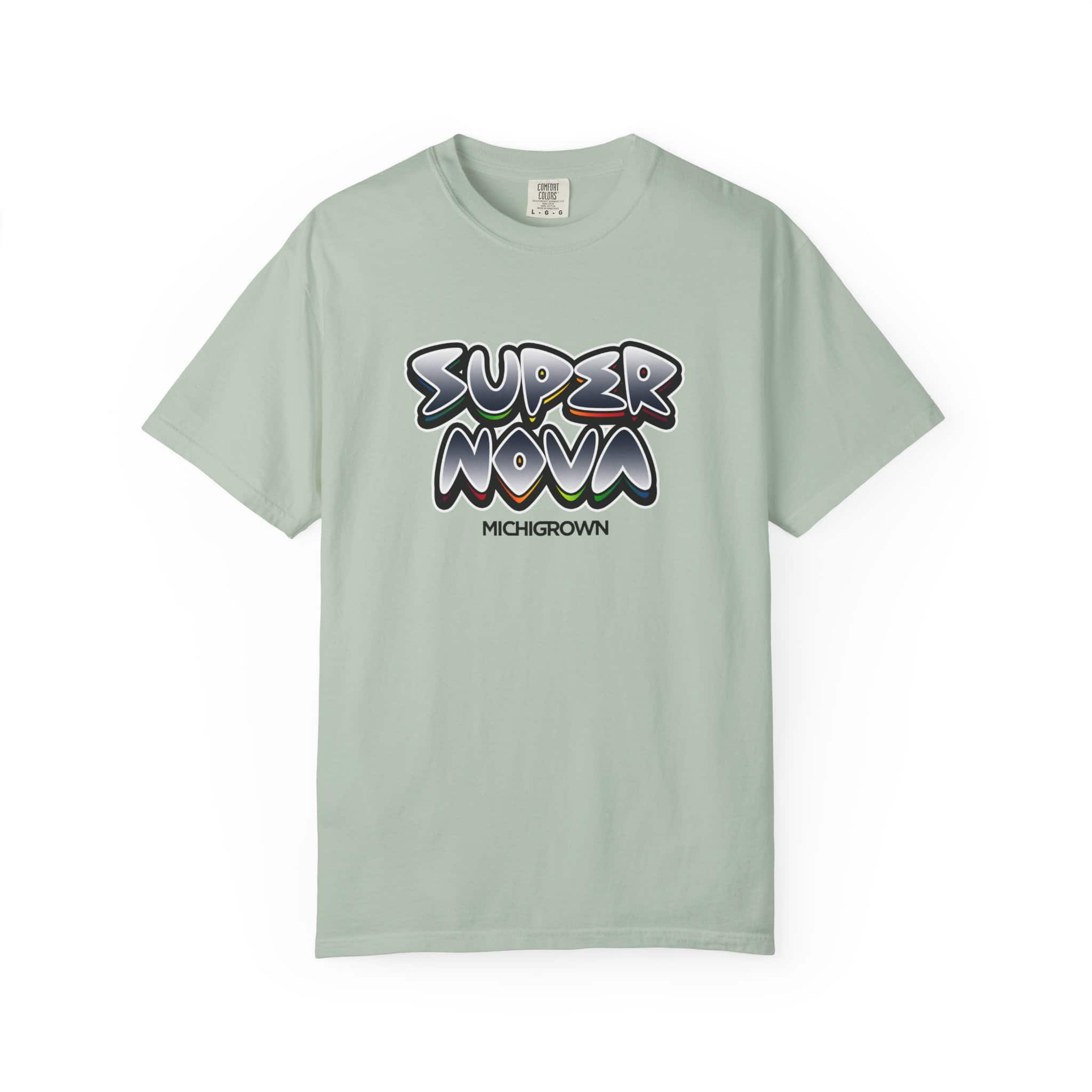Light green T-shirt with Super Nova graphic and Michigrown logo.