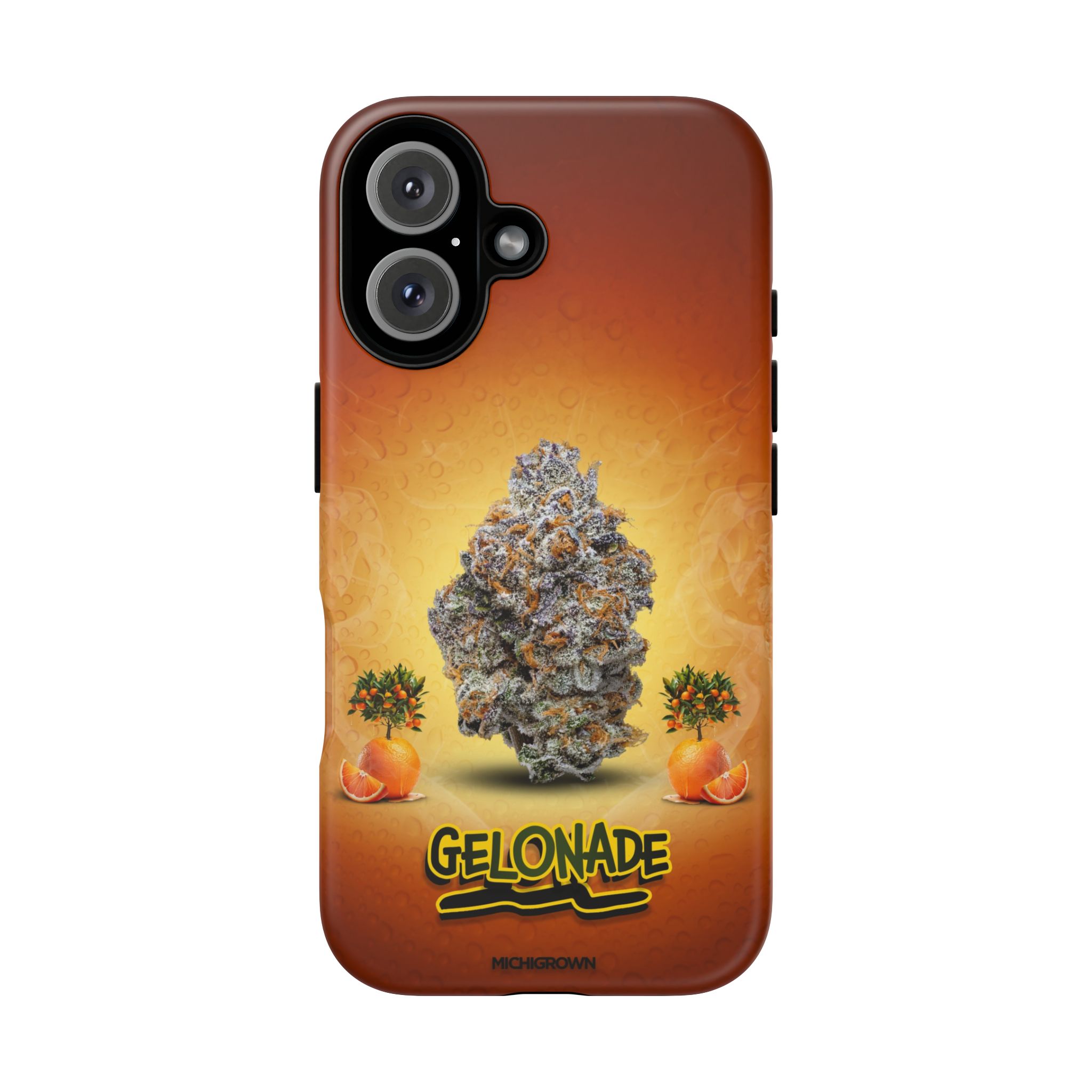 Phone case featuring cannabis buds and orange slices on a gradient background.