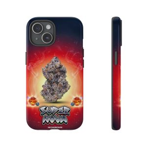 Colorful phone case with a space-themed design and cannabis leaf graphic.