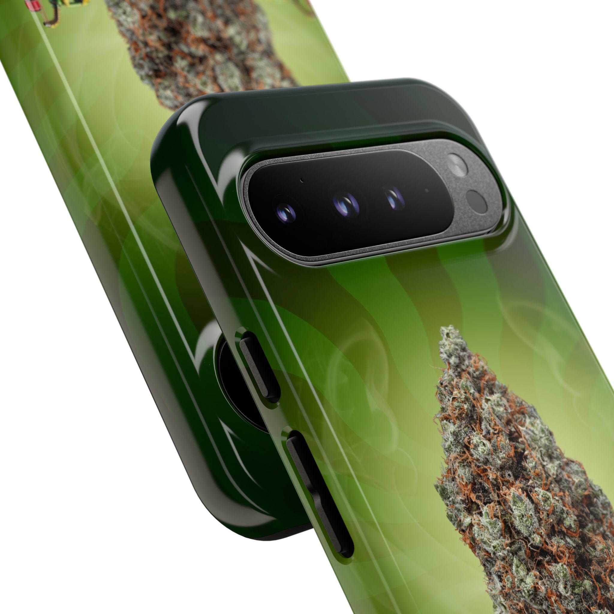 Green cannabis leaf phone case with detailed marijuana bud design.