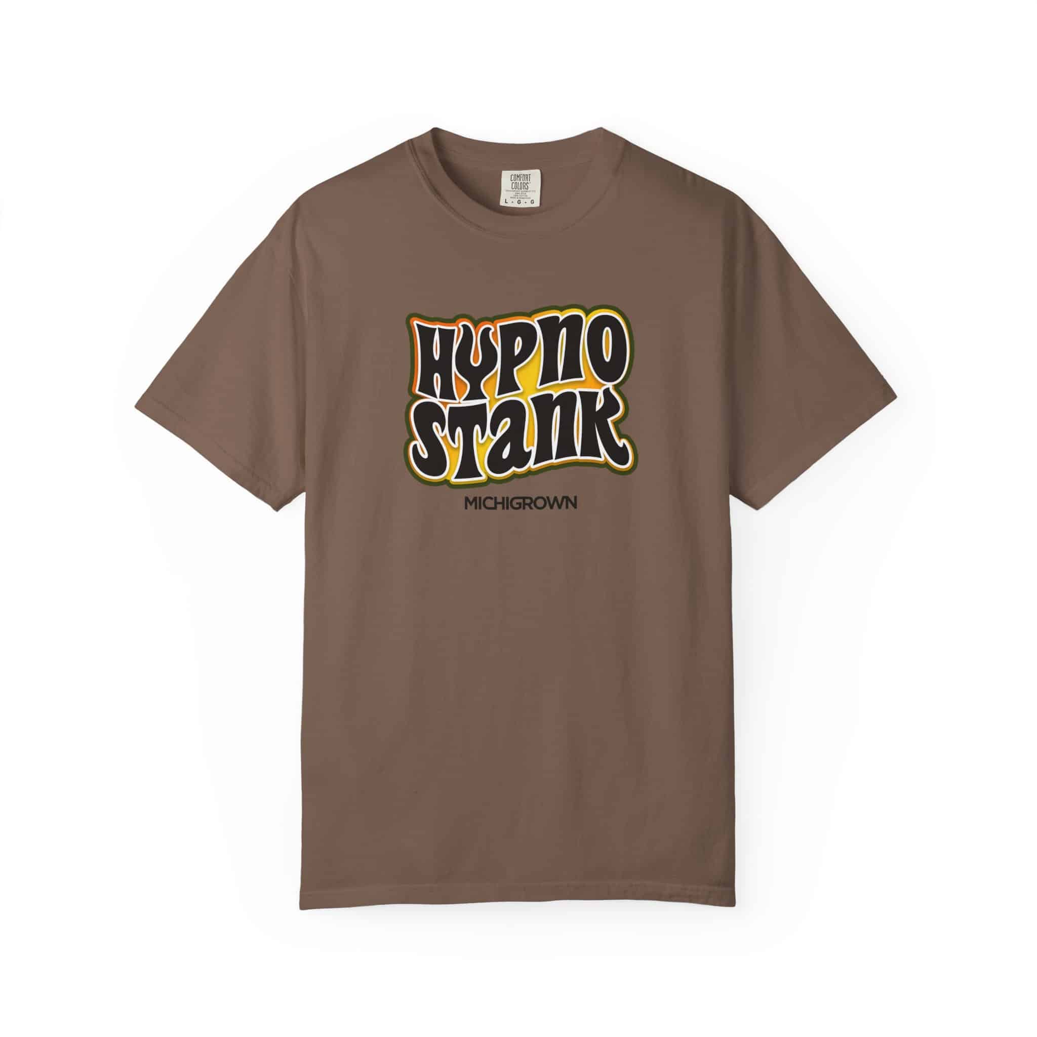 Brown T-shirt with Hypno Stank logo in bold yellow and black text.