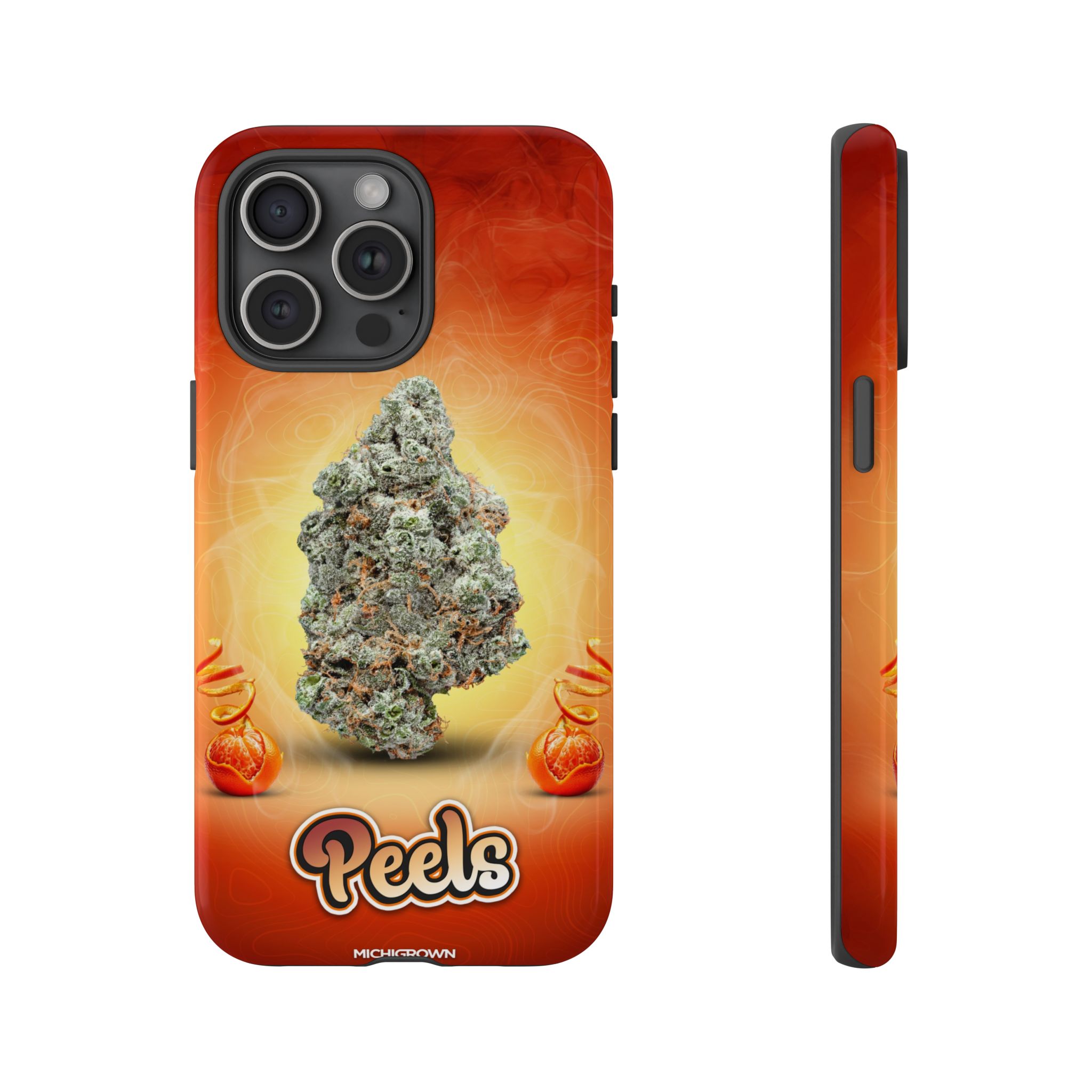 Phone case featuring cannabis bud and PEELS logo for PEELS PHONE CASE post.