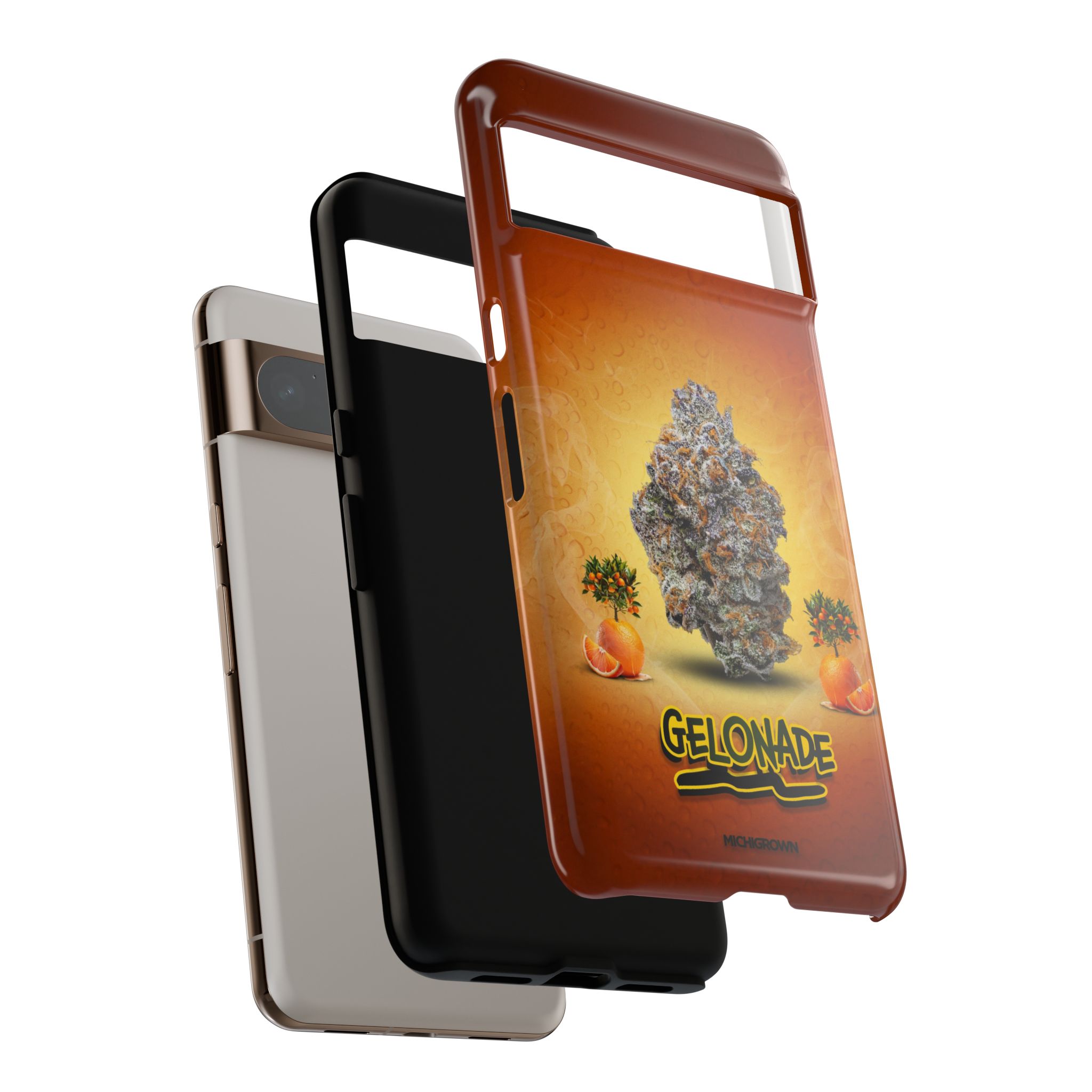 GELONADE phone case featuring cannabis leaf and orange background.