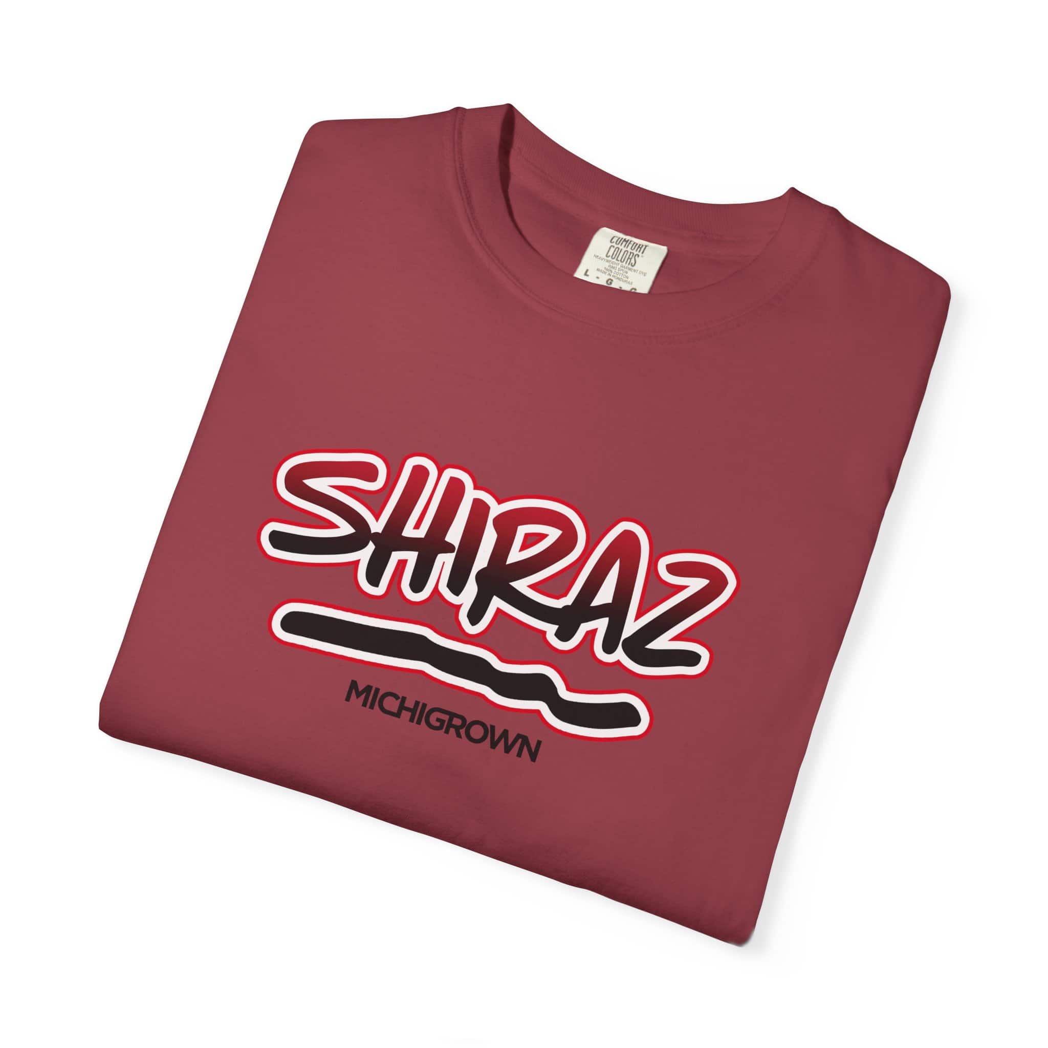 Maroon Shiraz T-shirt with Michigrown logo and text.