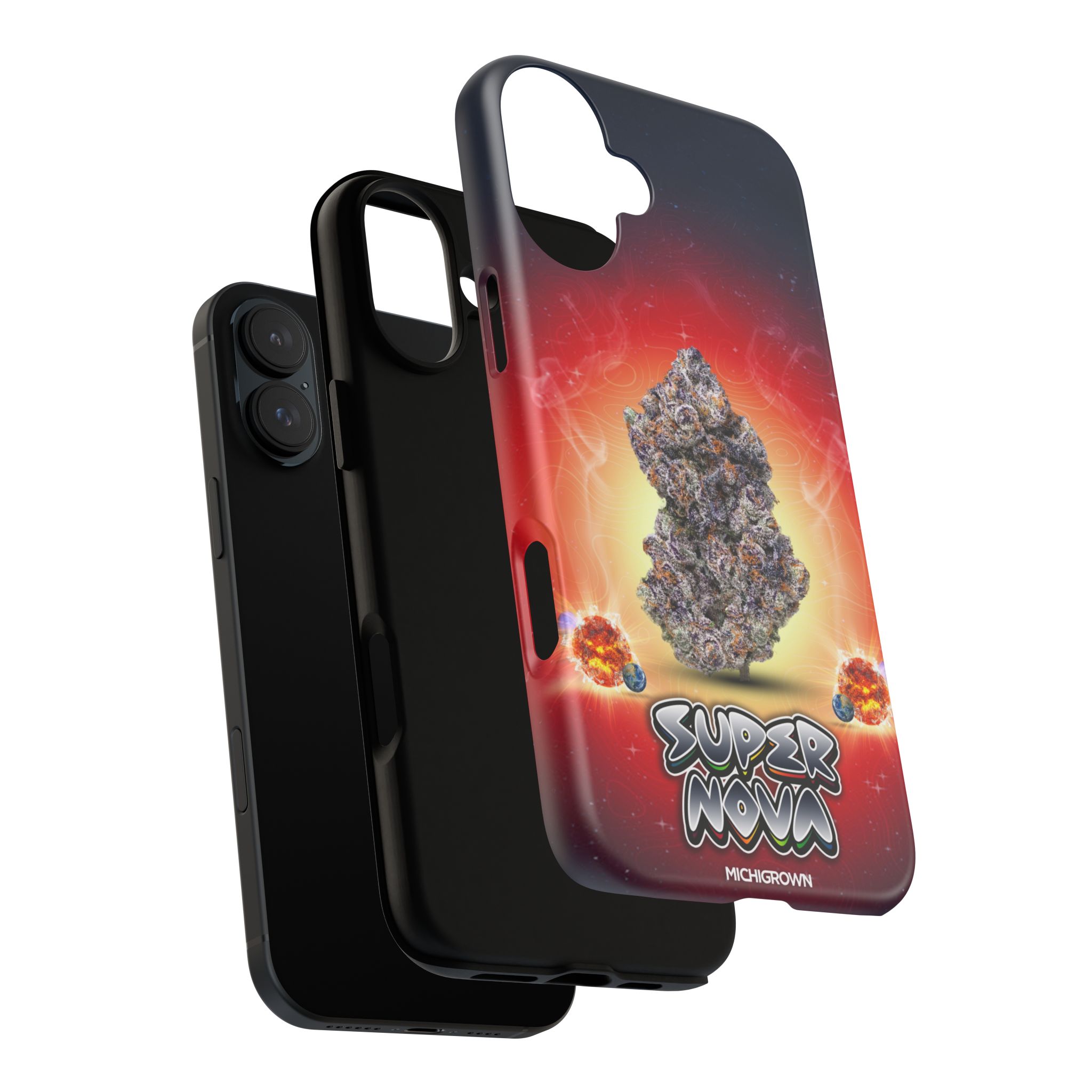 Black iPhone with Super Nova themed phone case featuring cosmic design and logo.