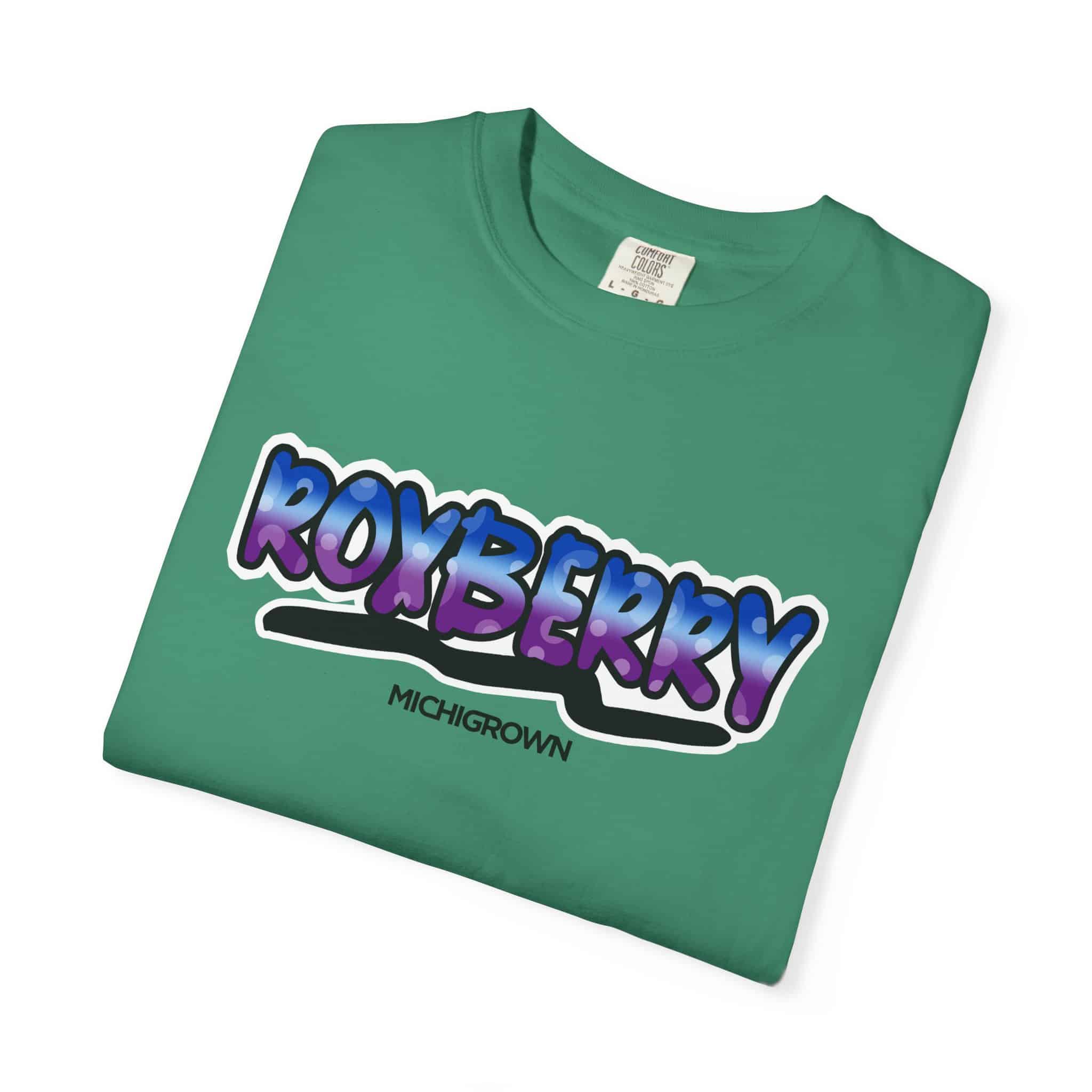 Green Roxberry T-shirt with bold purple and blue logo design.