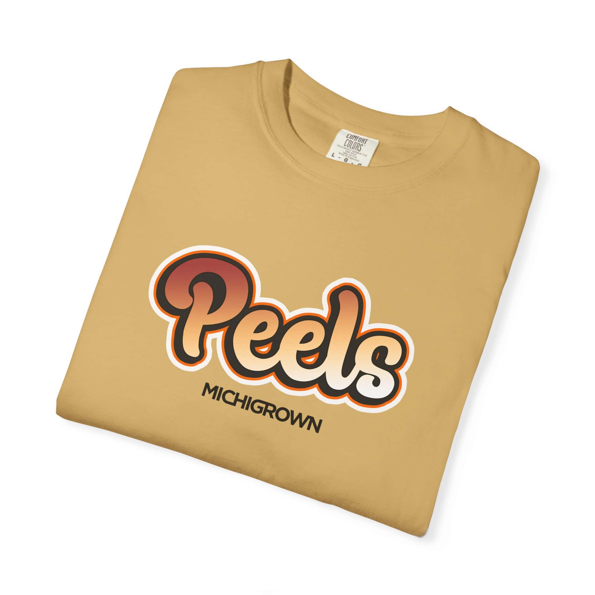 Beige T-shirt with Peels and Michigan logo design.