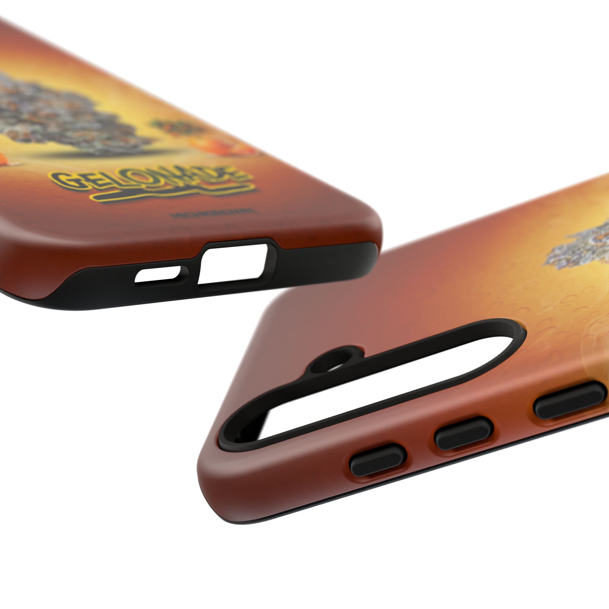 Close-up of GELONADE phone case with graphic artwork and cutouts.
