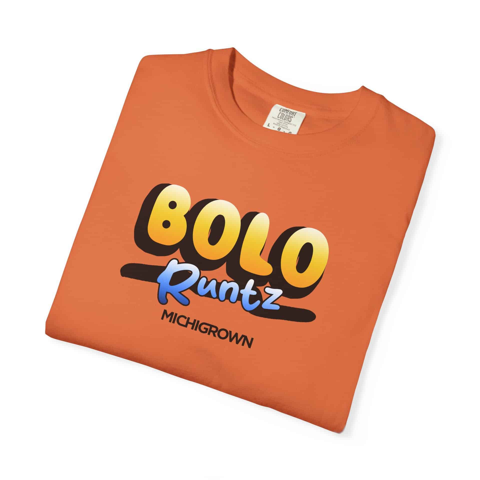 Orange Bolo Runtz T-shirt with bold logo and text from Michigrown.