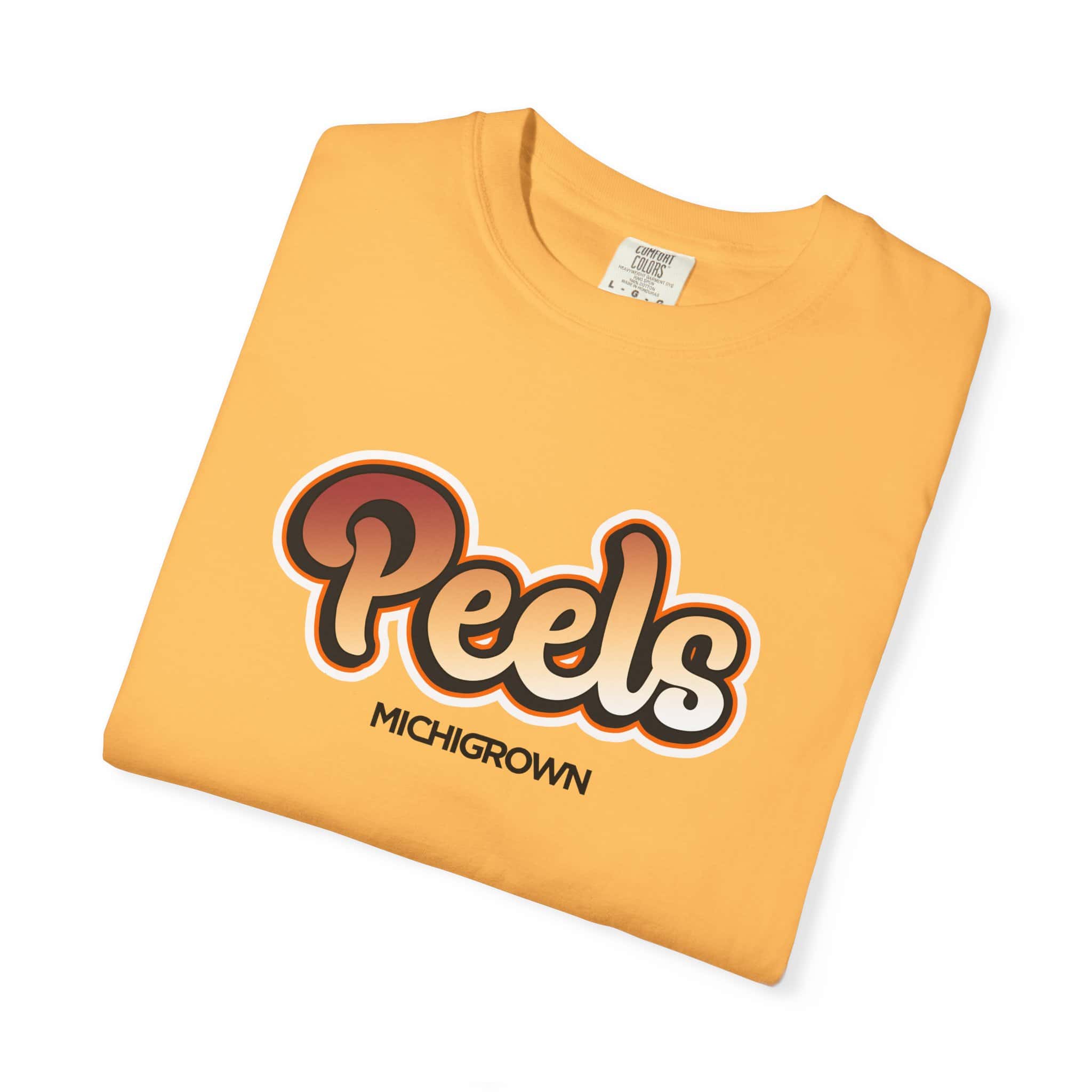 Yellow T-shirt with Peels Michigan logo for sale.