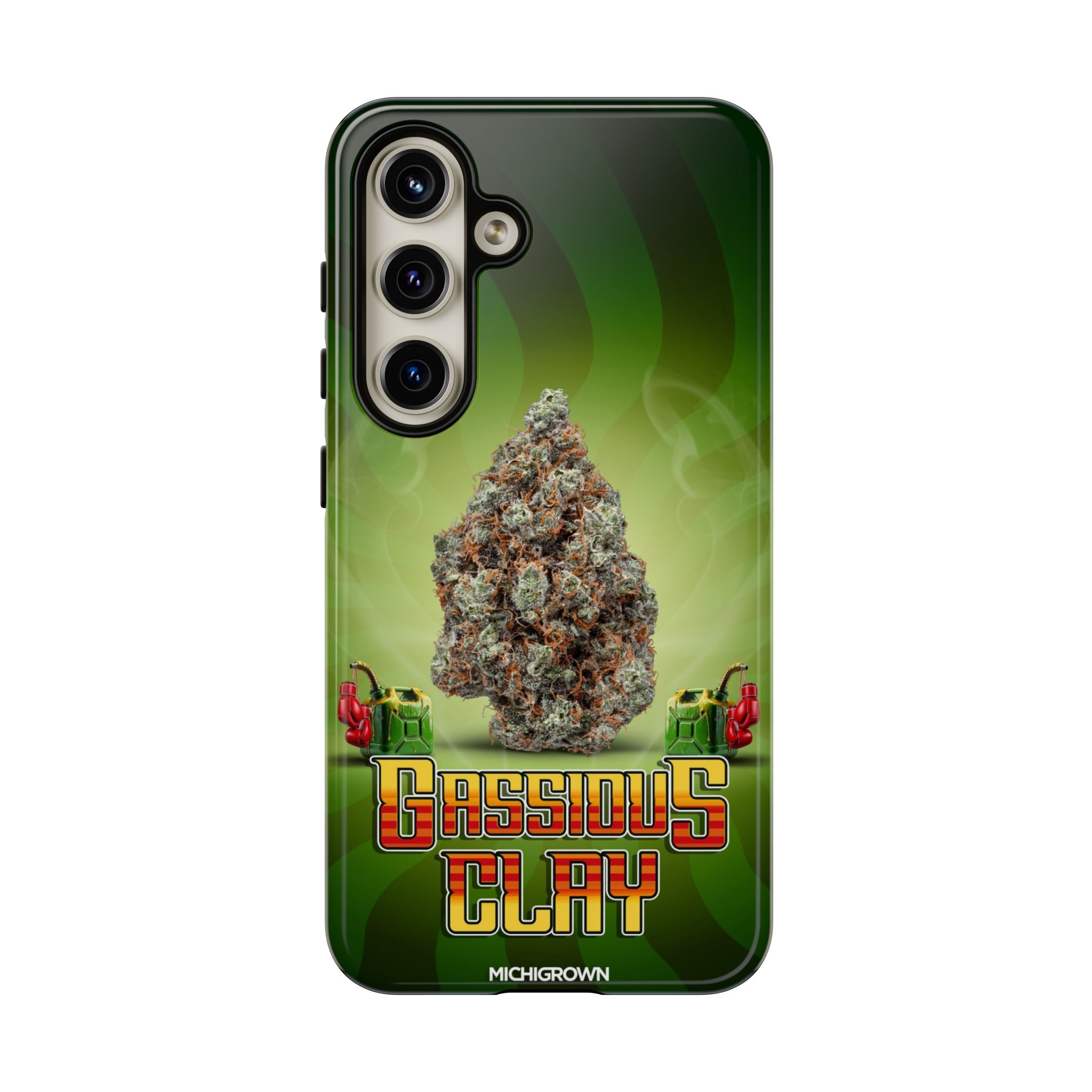 Phone case with cannabis bud and GASSIOUS CLAY logo design.