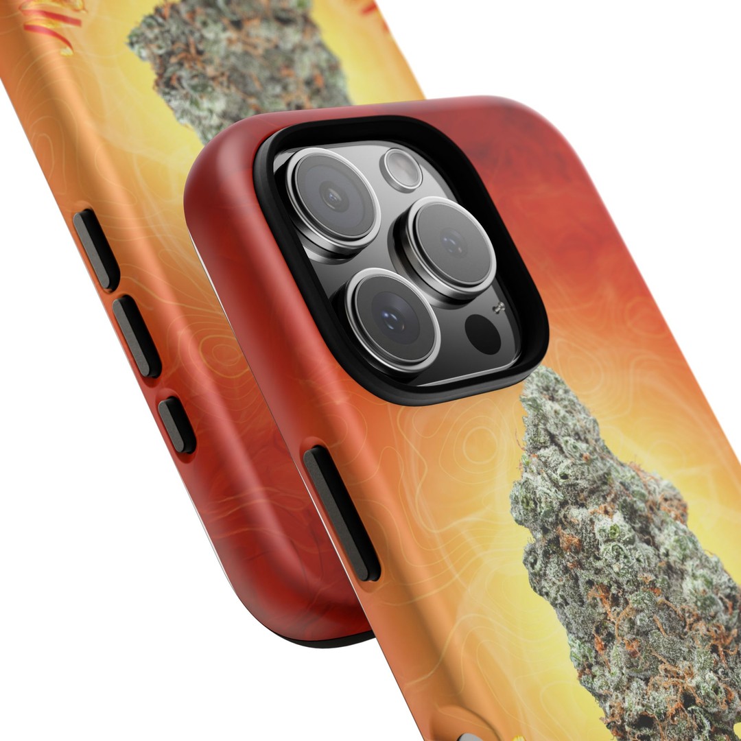 Red phone case with cannabis leaf design for iPhone 13 Pro.