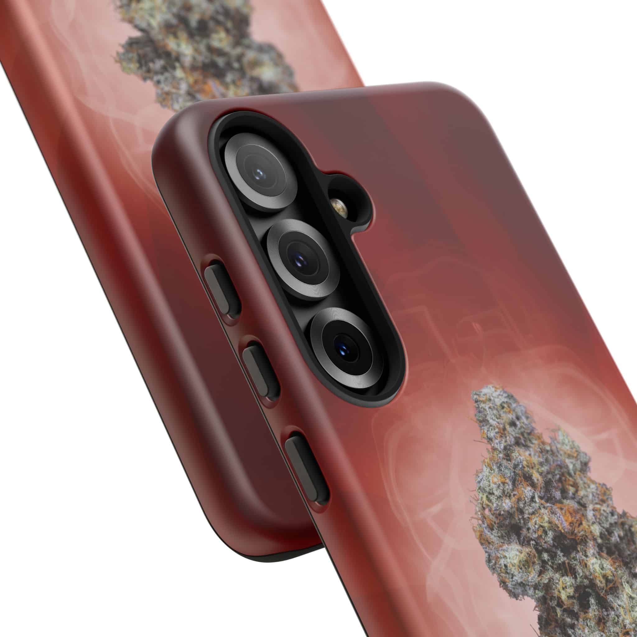 Red phone case with cannabis leaf design for iPhone 13 Pro.