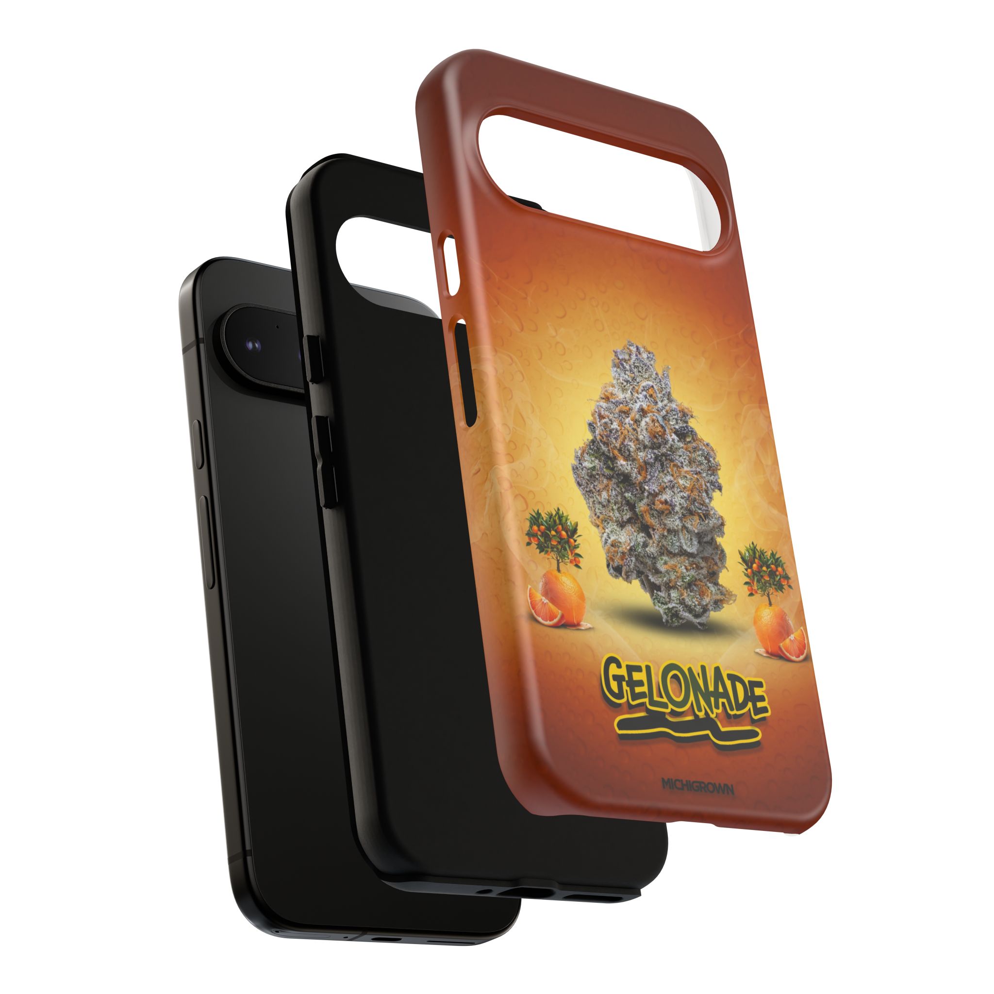 Phone case featuring cannabis bud and orange slices design for iPhone.