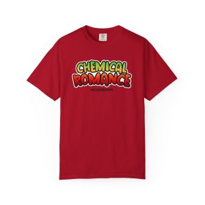 Red T-shirt with 'Chemical Romance' graphic design in green, yellow, and red colors.