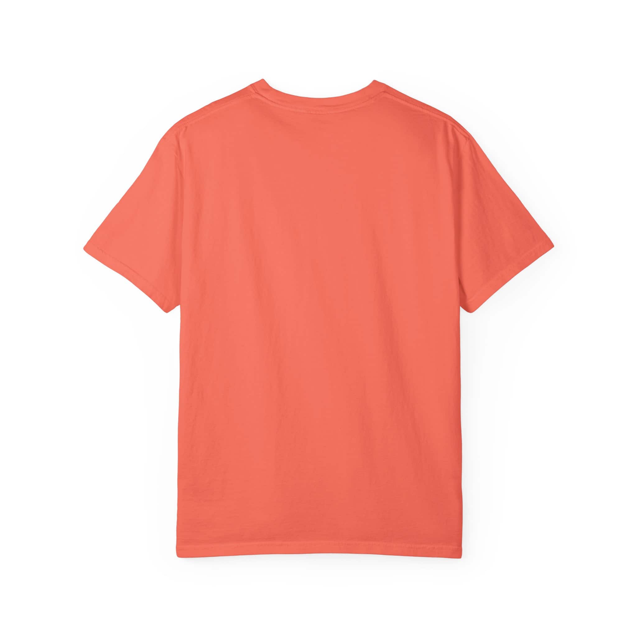 Coral-colored T-shirt with round neck and short sleeves.