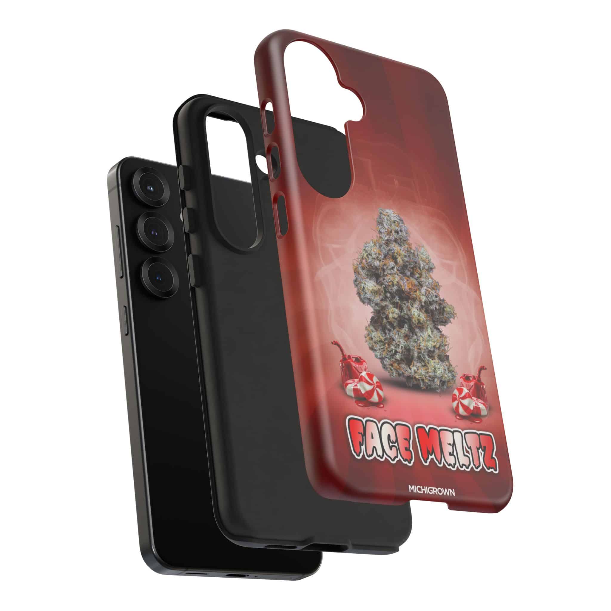 Cannabis-themed phone case with face meltz logo and marijuana leaf design.