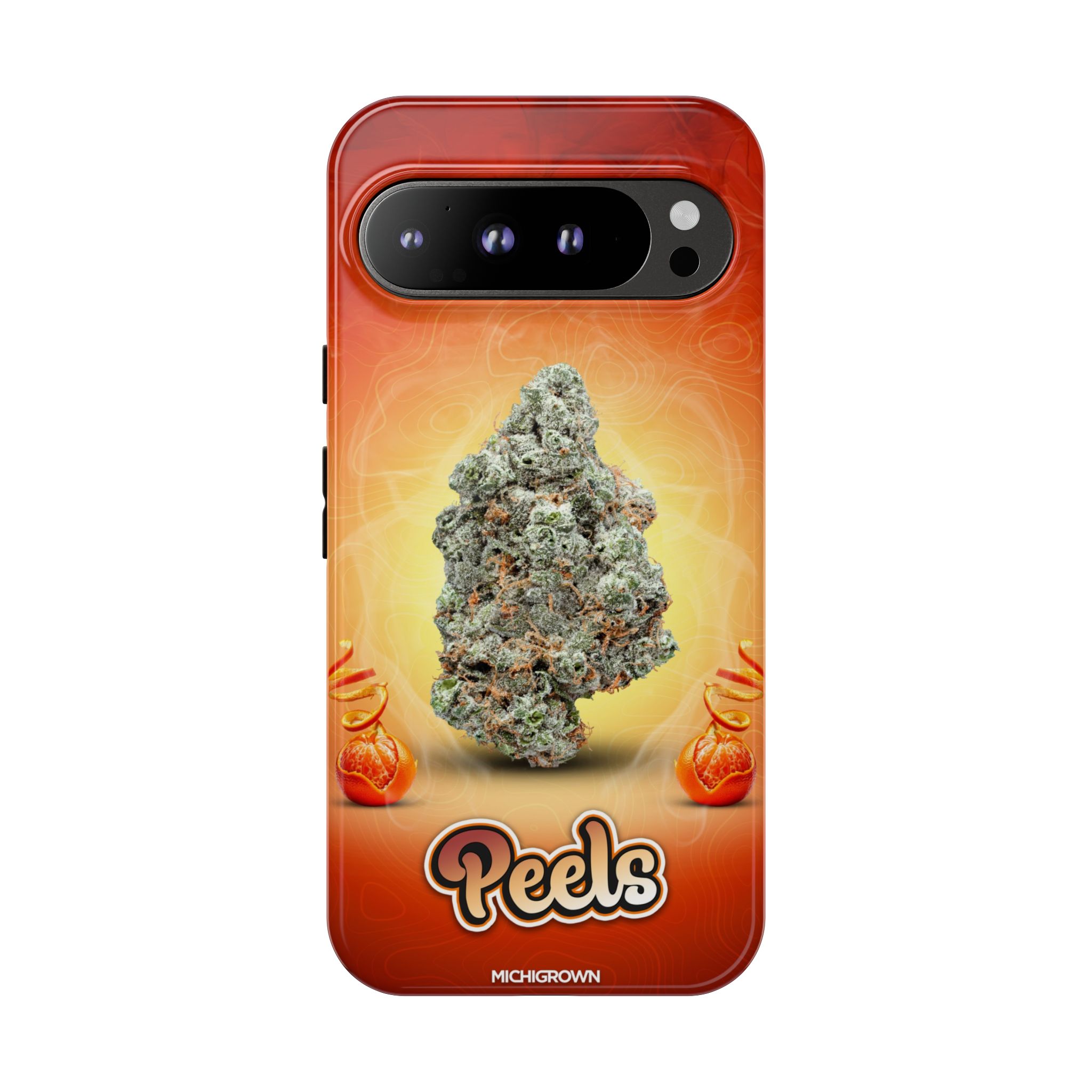 Red phone case featuring a cannabis bud and PEELS logo for iPhone.