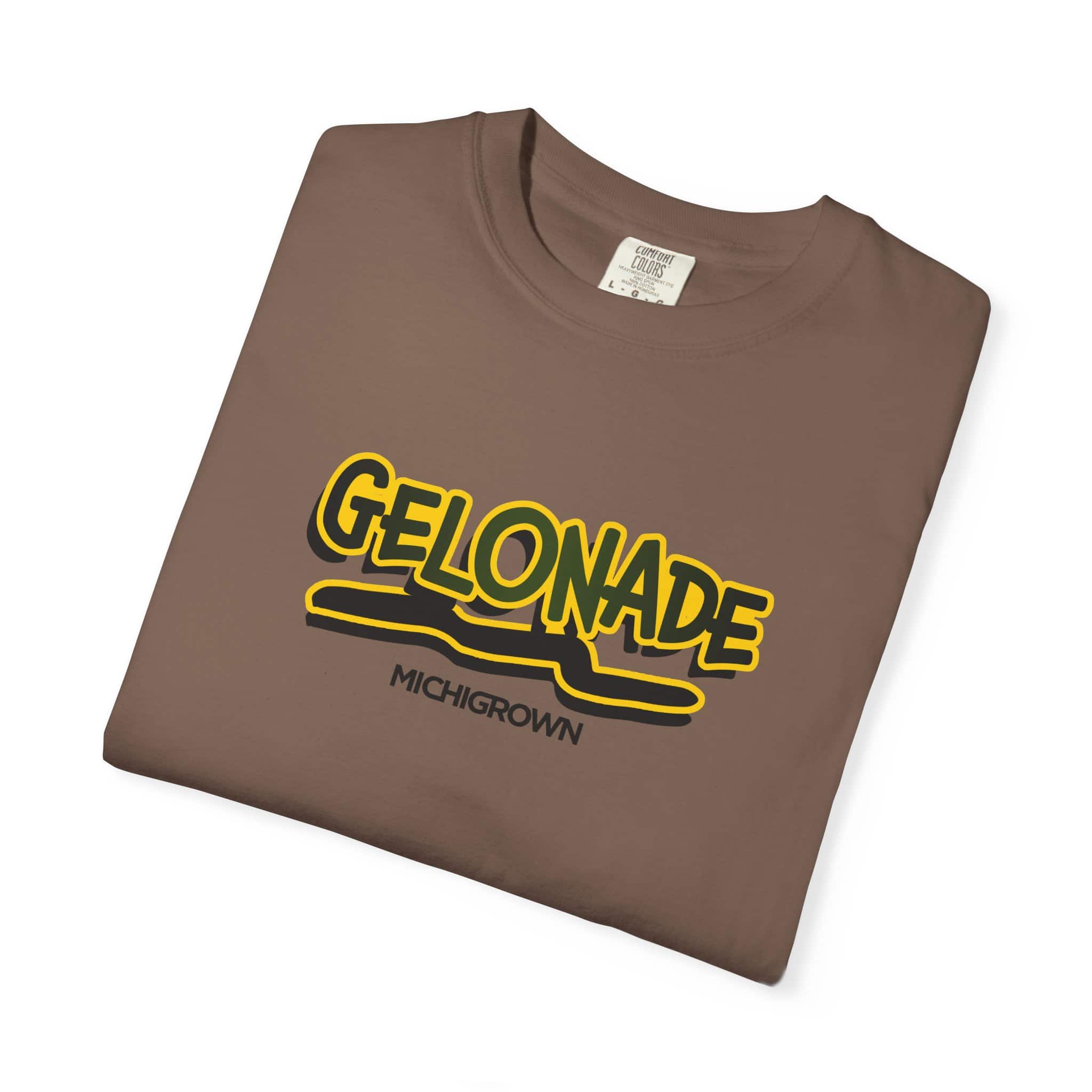 Brown Gelonade T-shirt with yellow and black logo from Michigrown.