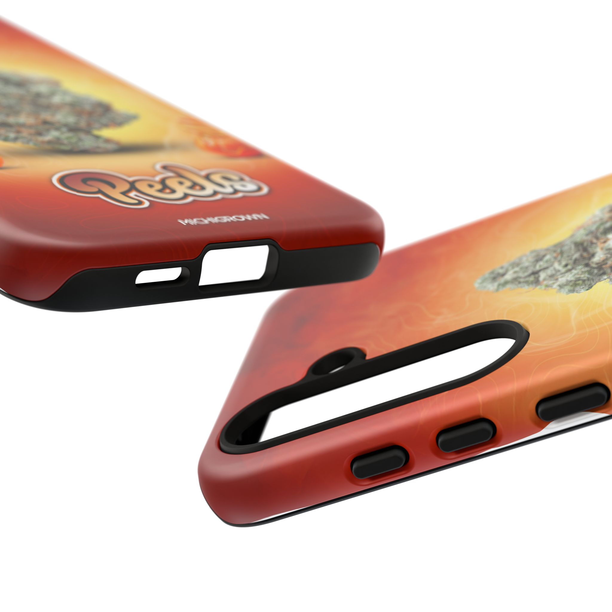 Close-up of a red Peels phone case with a graphic design.