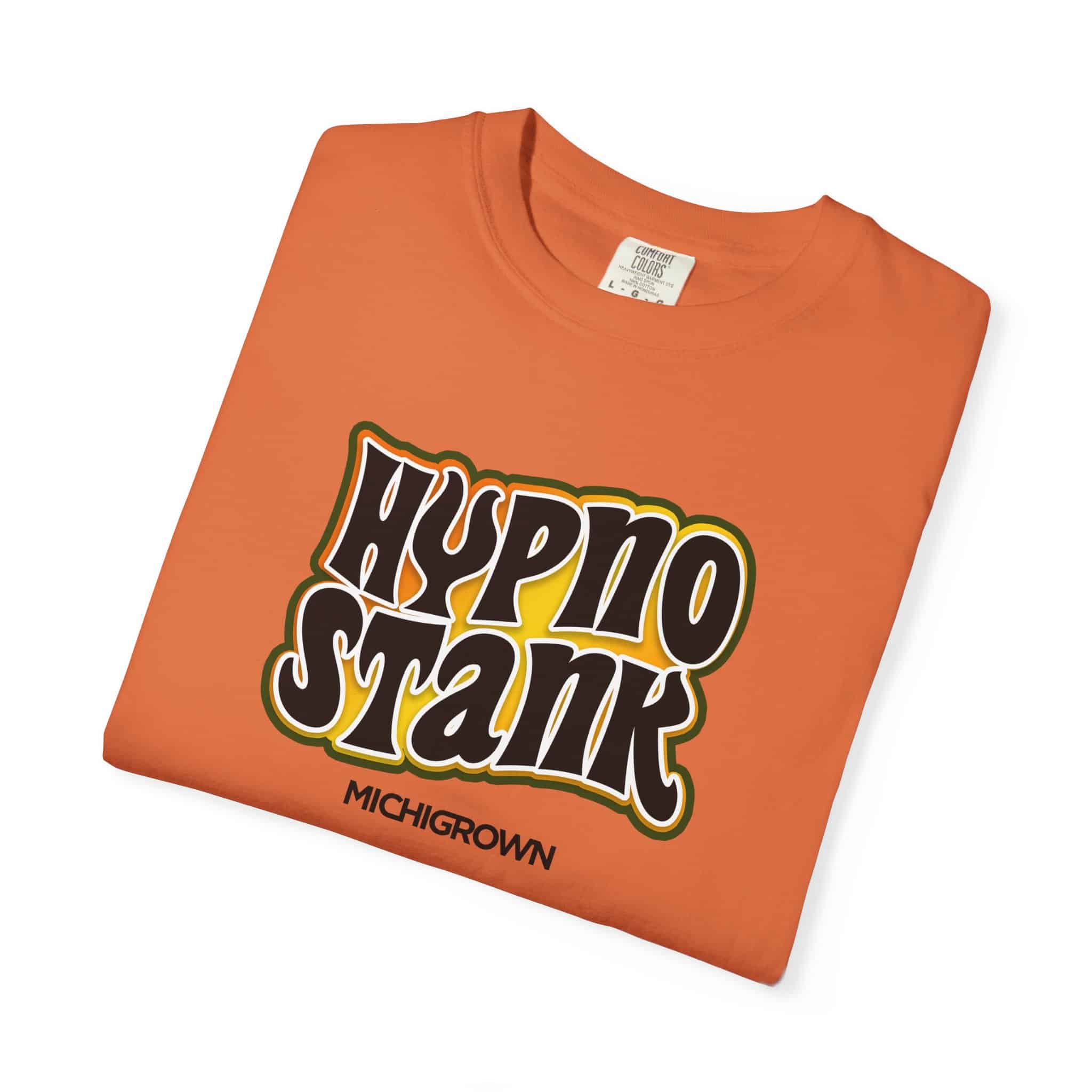 Orange Hypno Stank T-shirt with bold black and white logo.
