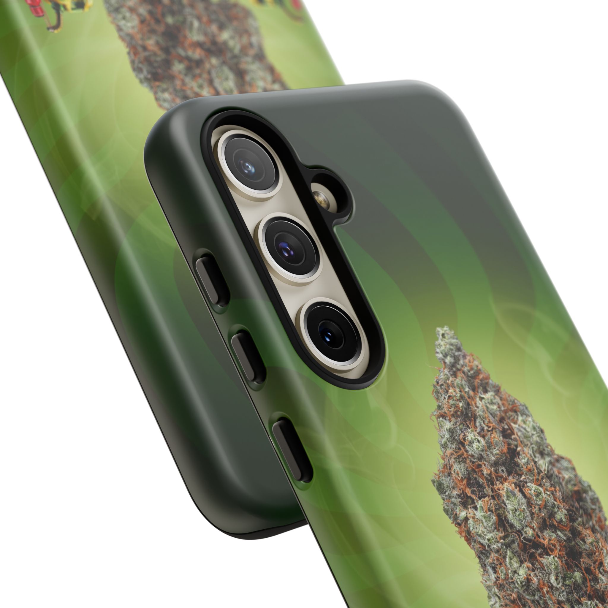 Green cannabis leaf phone case with detailed bud design.