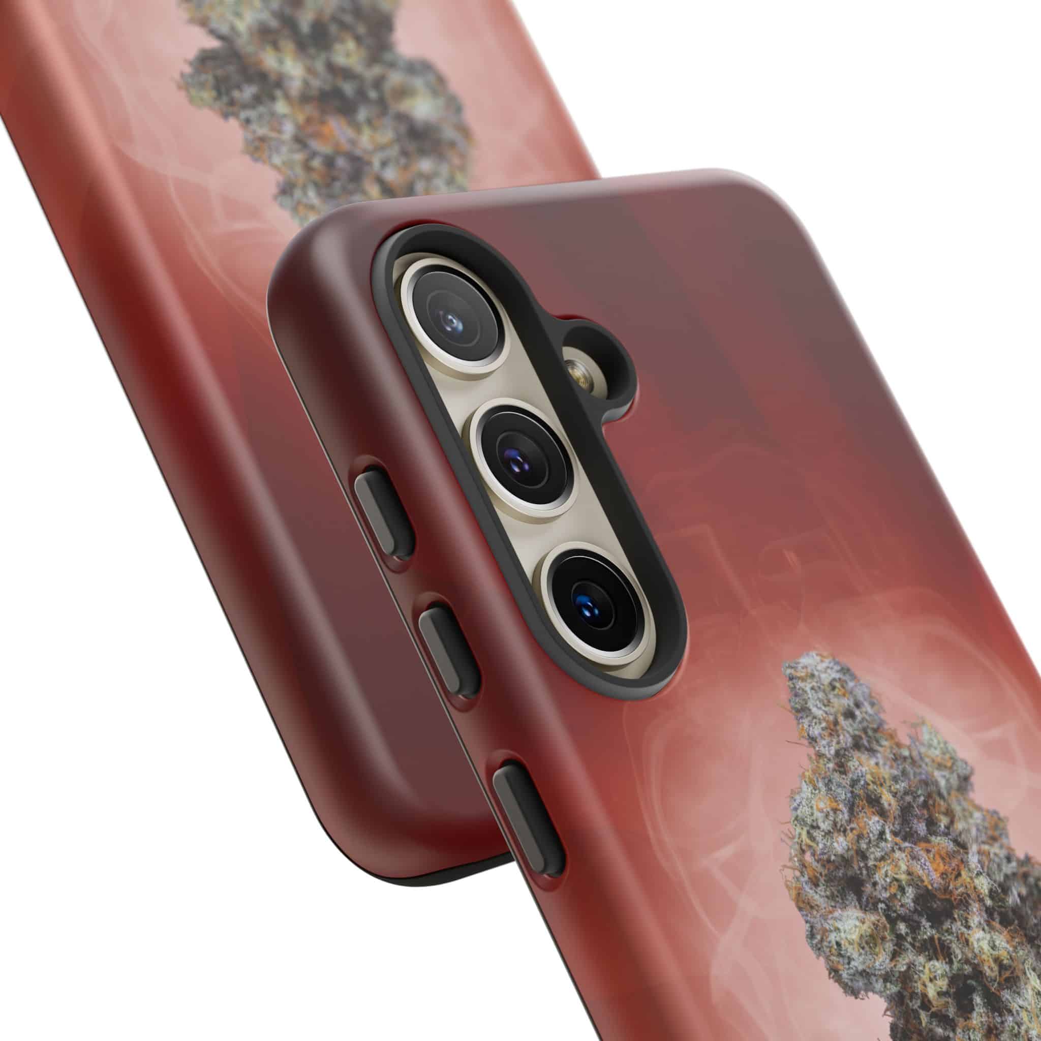 Red phone case with cannabis plant design for iPhone.