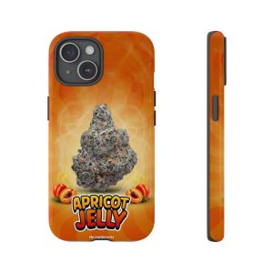 Orange phone case with apricot jelly design and cannabis leaf image.