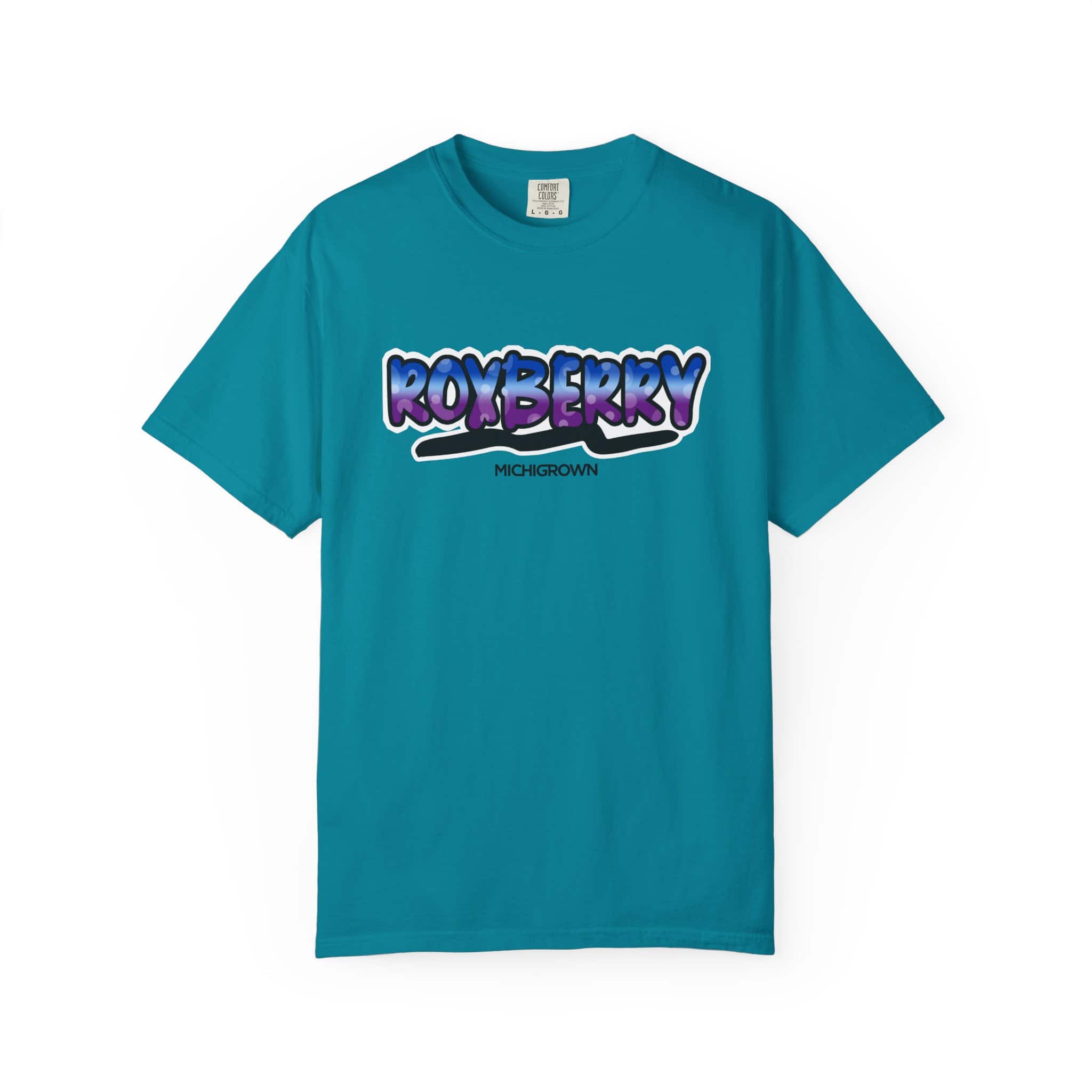 Blue Roxberry T-shirt with MichiganGrown logo and graphic design.
