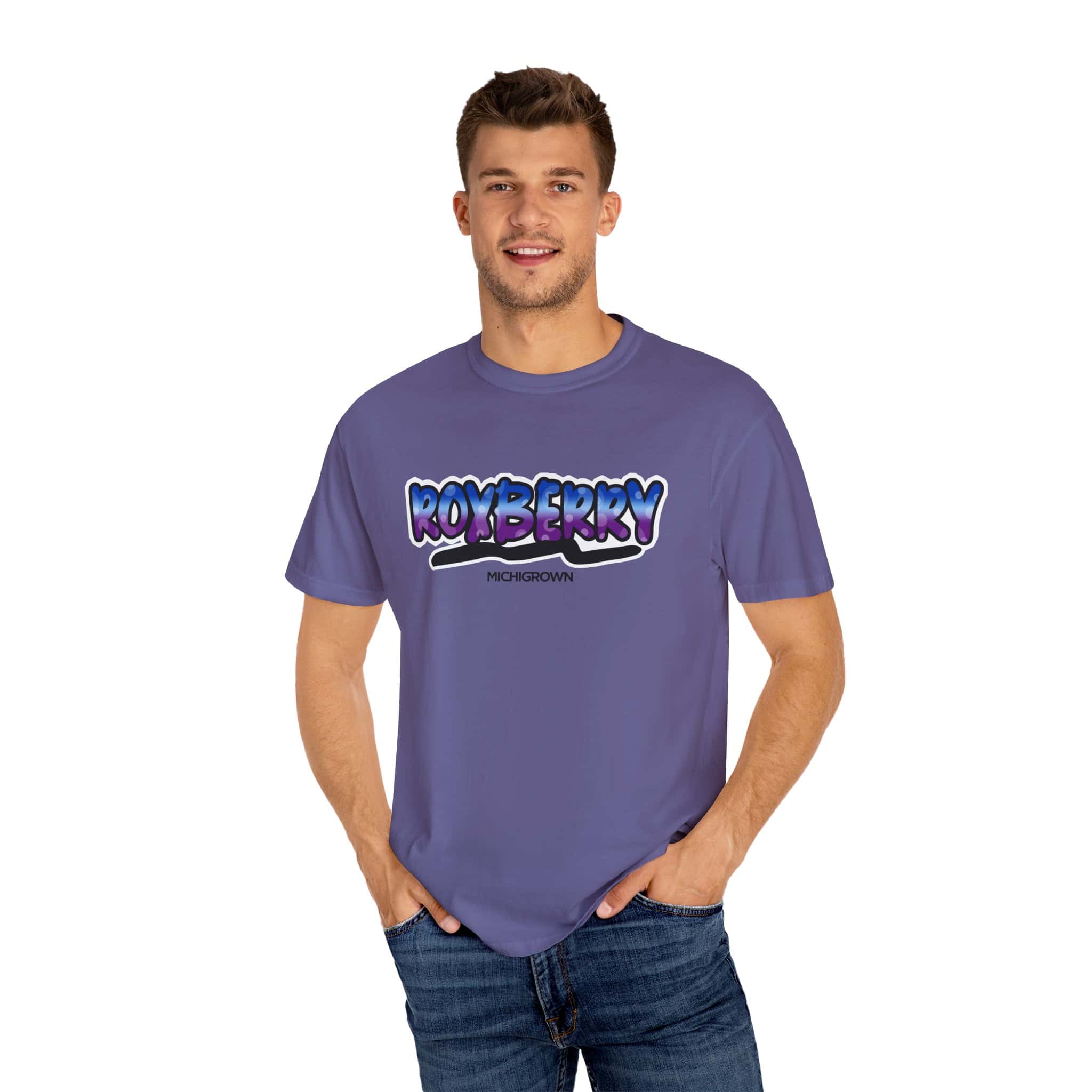 Men's blue Roxberry T-shirt with Michigrown logo.